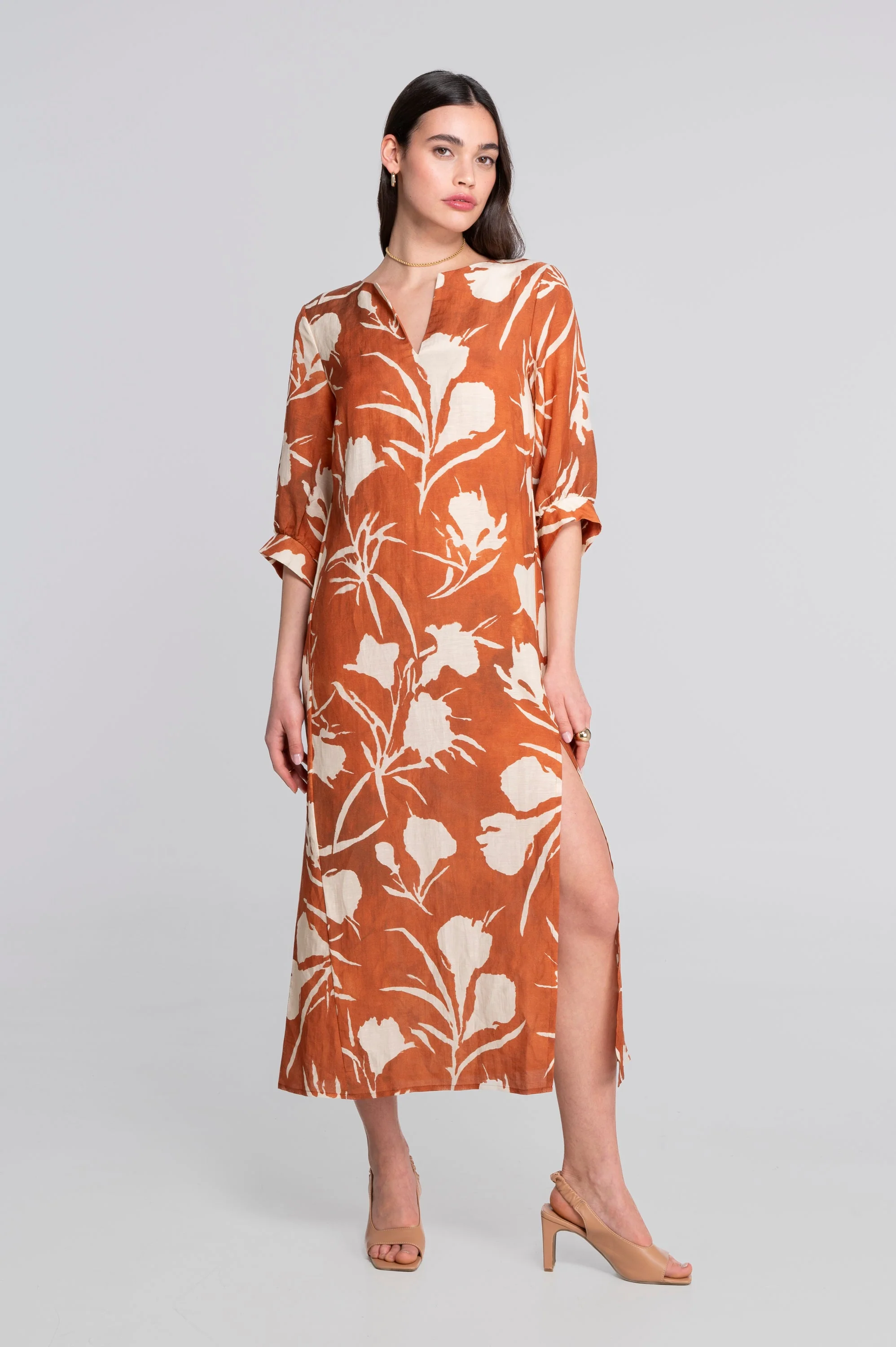 Kaftan-style printed linen-viscose dress 7555VL - Image 12