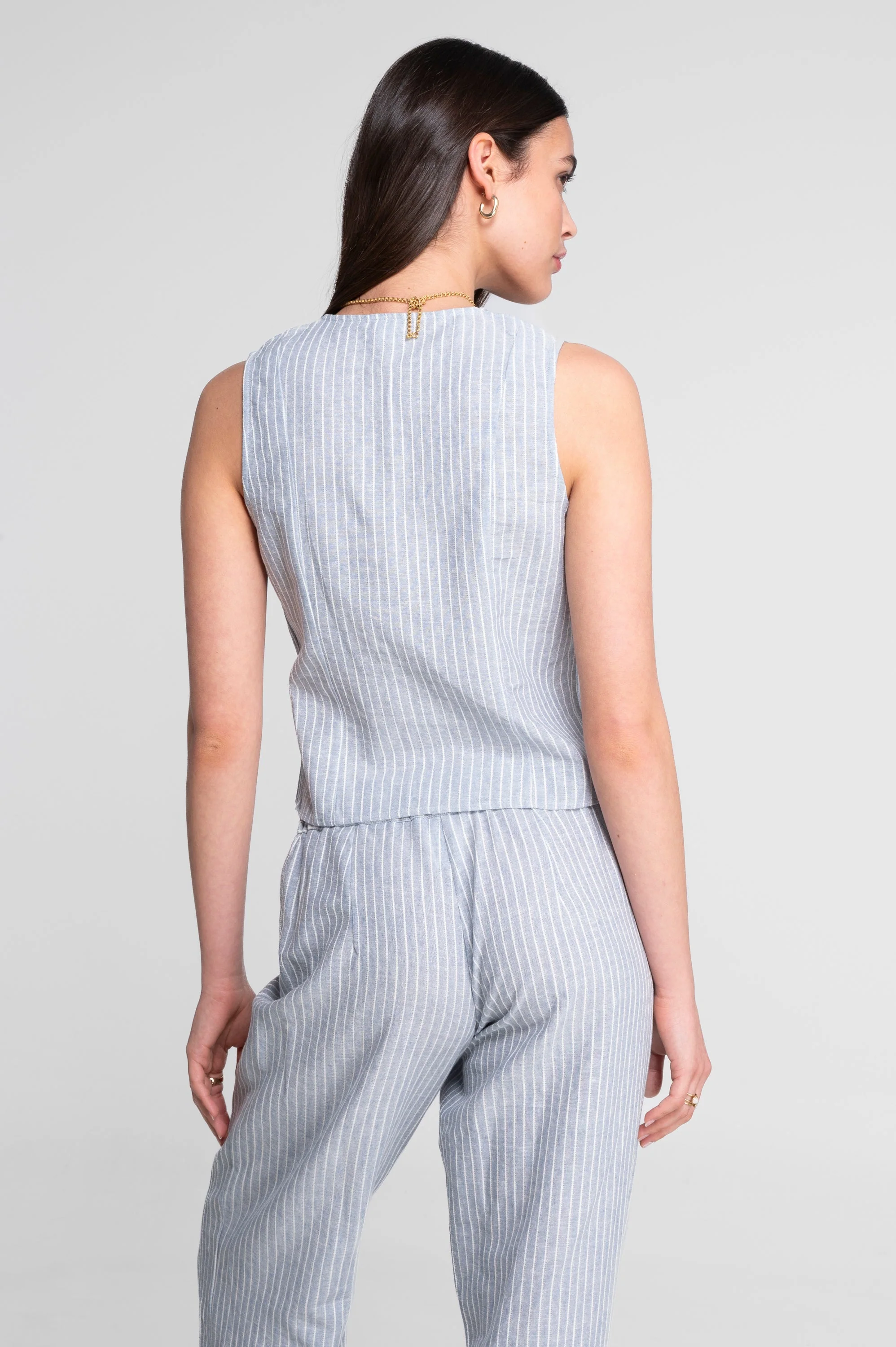 Sleeveless striped cotton-linen vest 7551R - Image 2