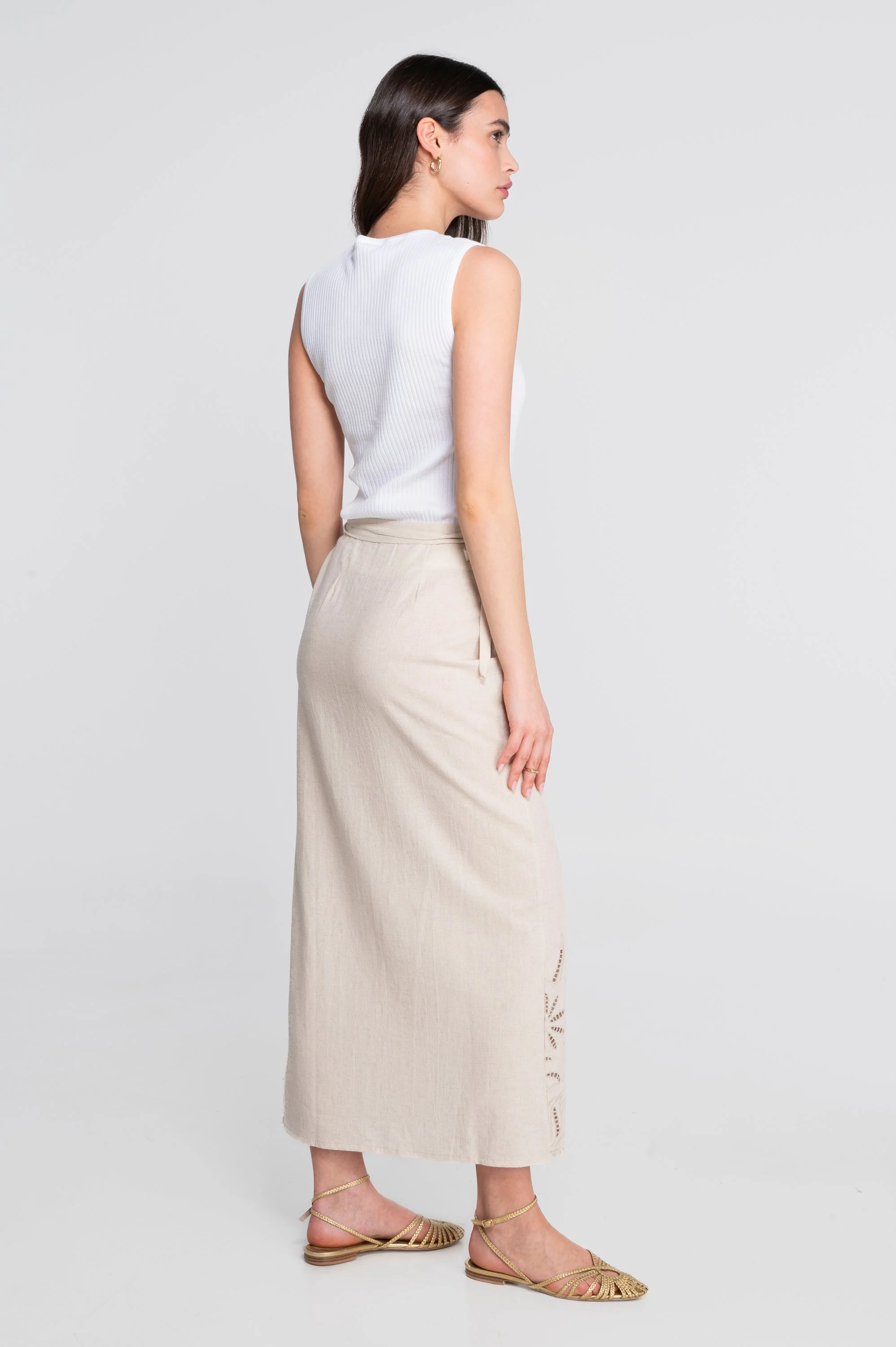 Long wrap skirt in cotton-linen with foliage embroidery 7535 - Image 2