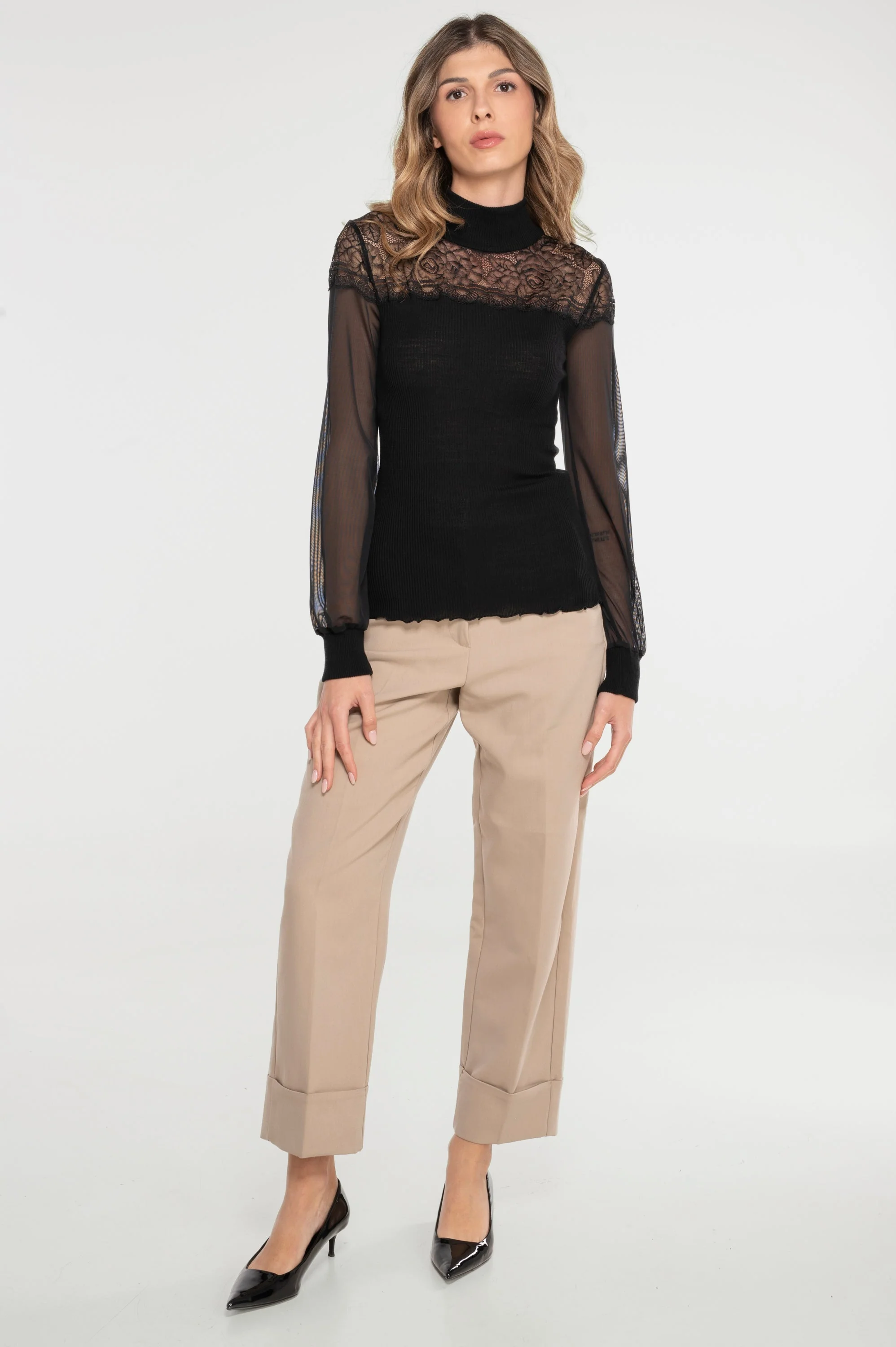 Wool and silk long sleeves turtleneck shirt with Leavers lace 7408 - Image 3