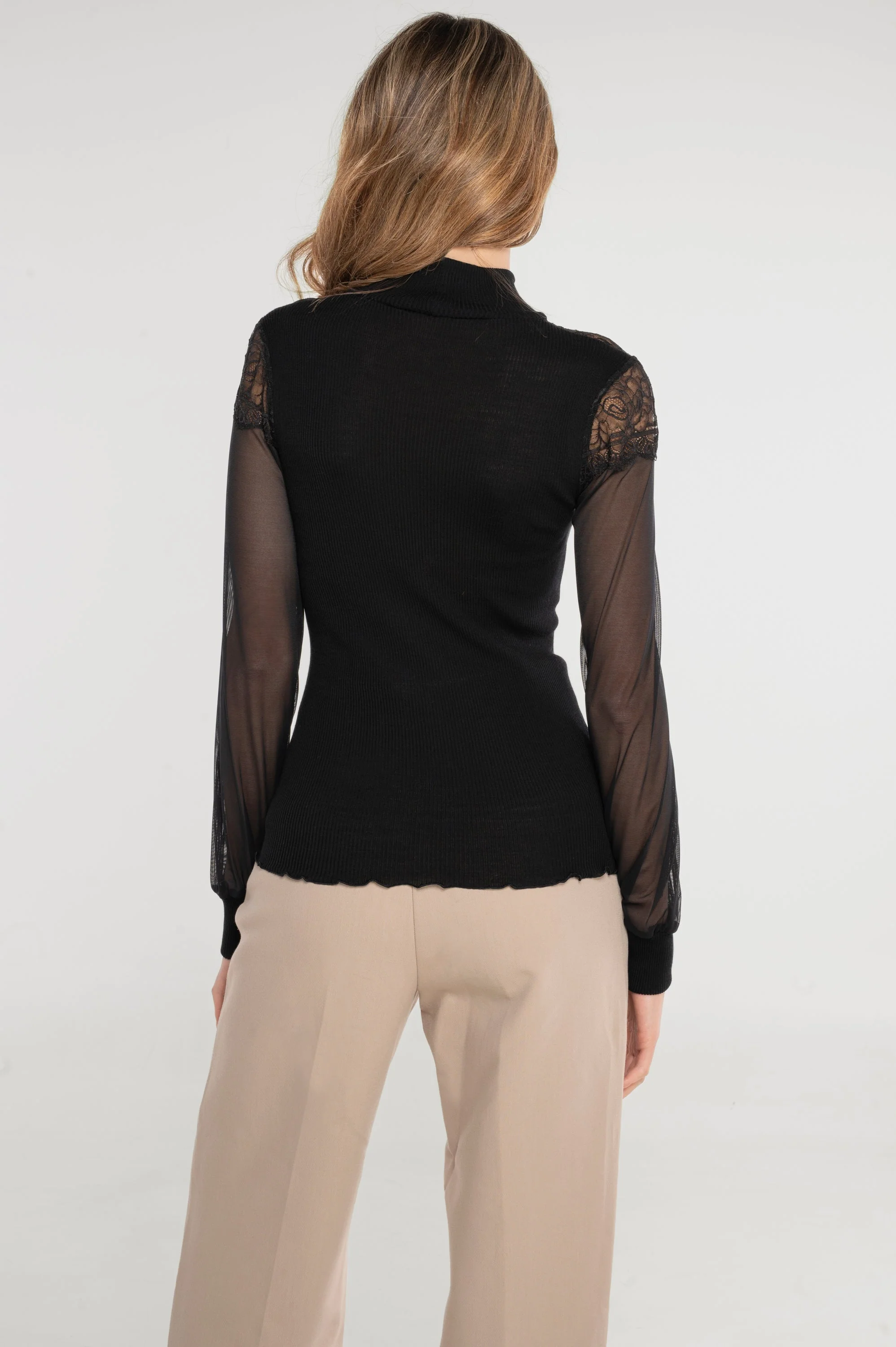 Wool and silk long sleeves turtleneck shirt with Leavers lace 7408 - Image 4