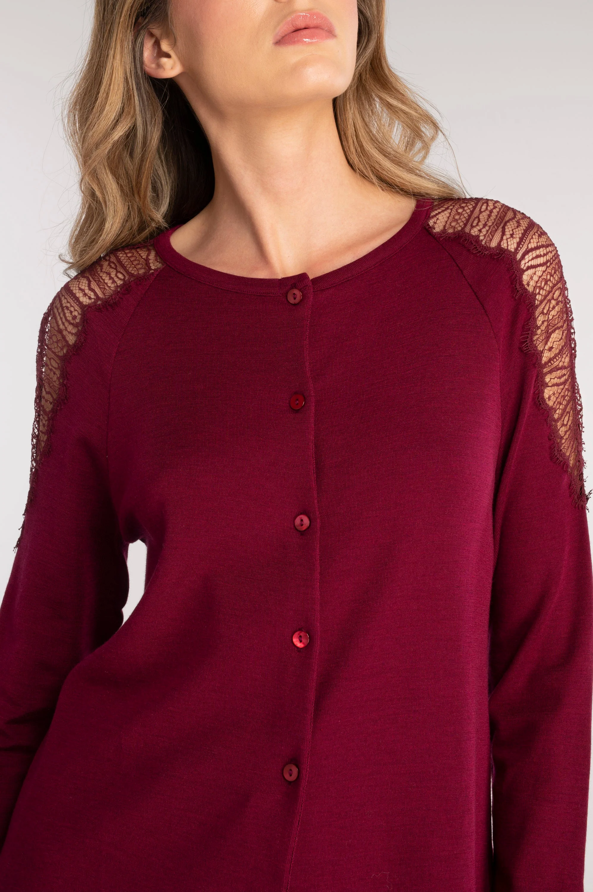 Wool and silk long sleeves cardigan with chantilly lace 7418 - Image 3