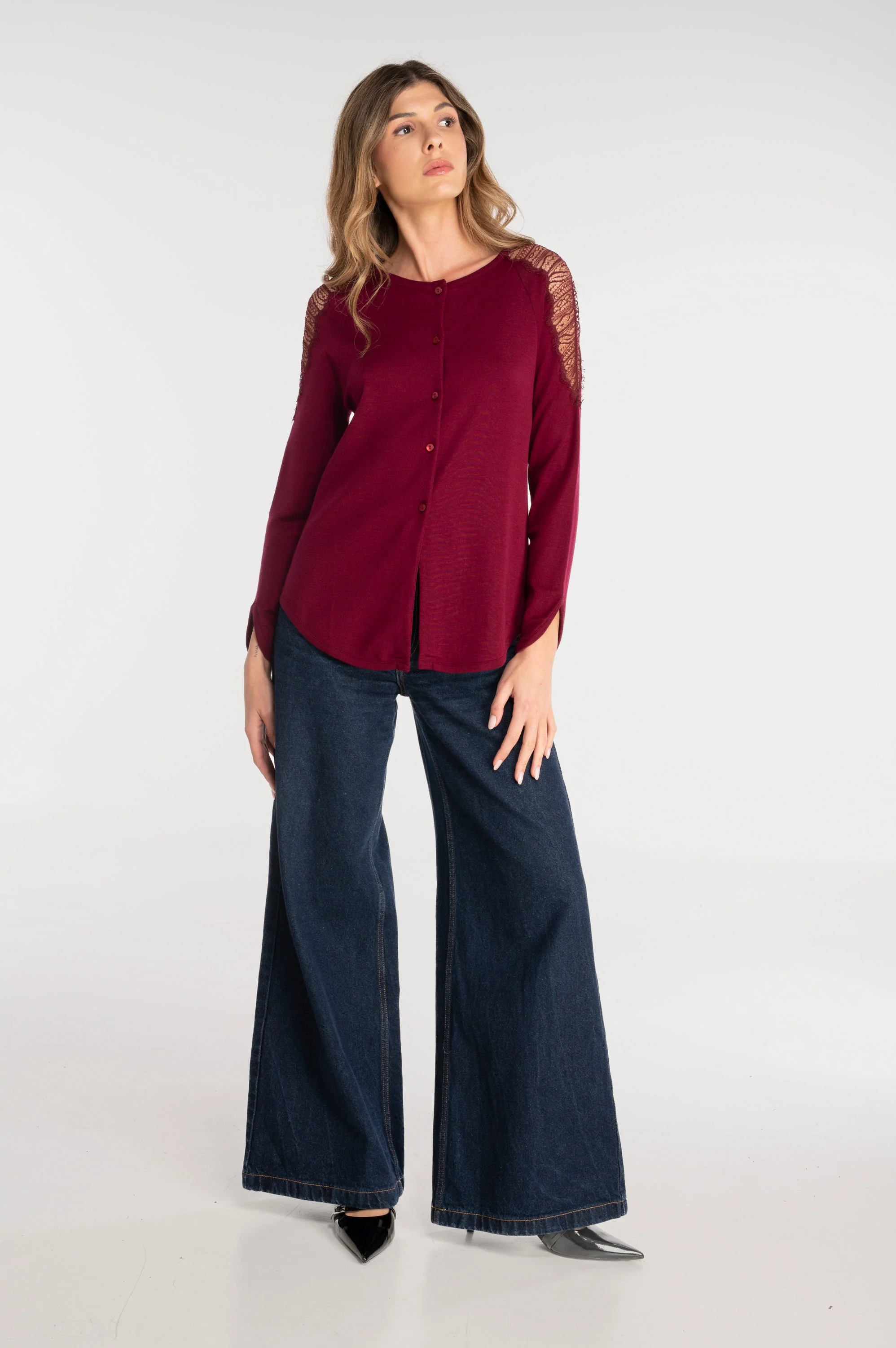 Wool and silk long sleeves cardigan with chantilly lace 7418 - Image 6