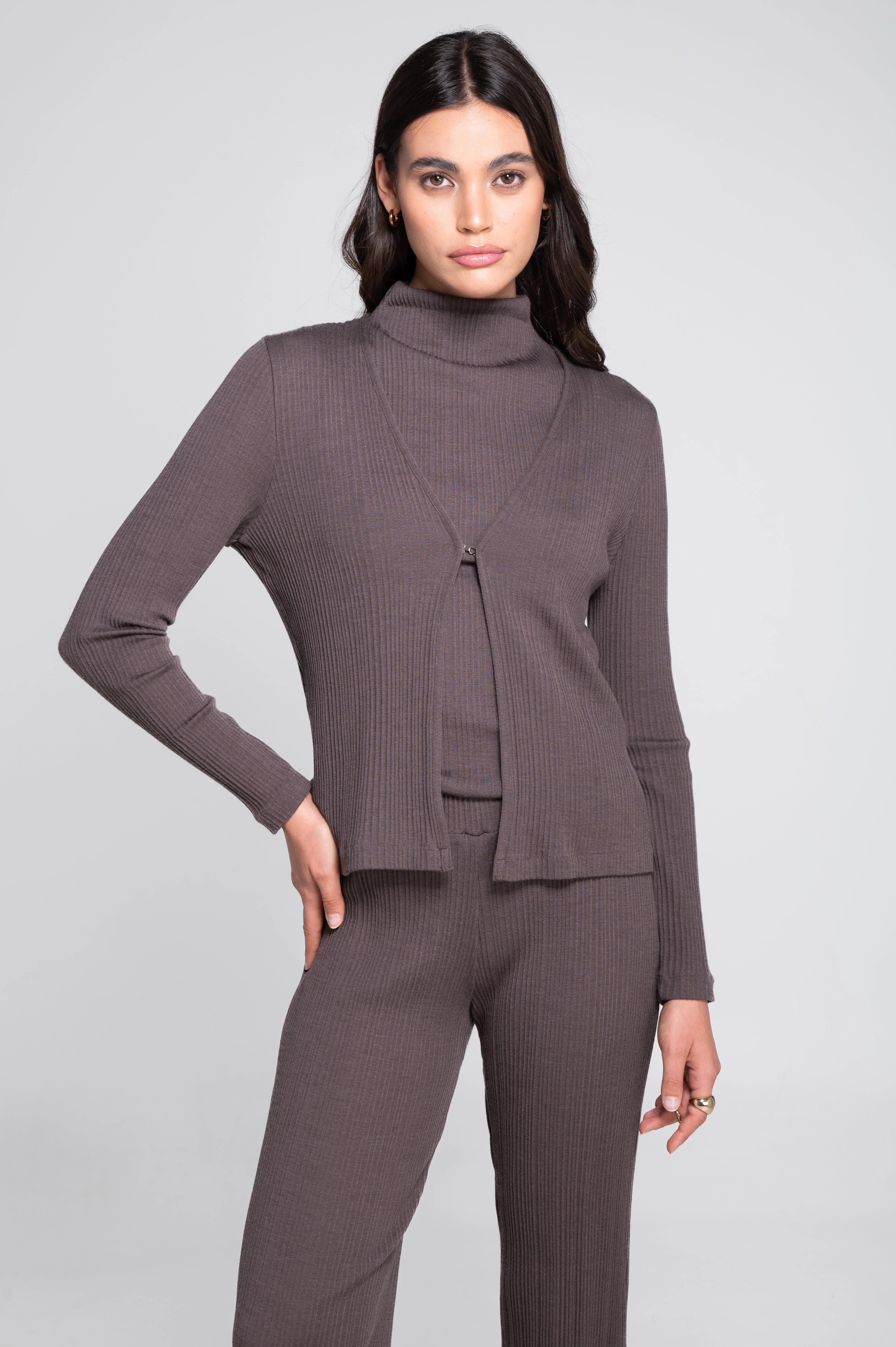 Wool and silk long sleeves cardigan with irregular rib 7464 - Image 8