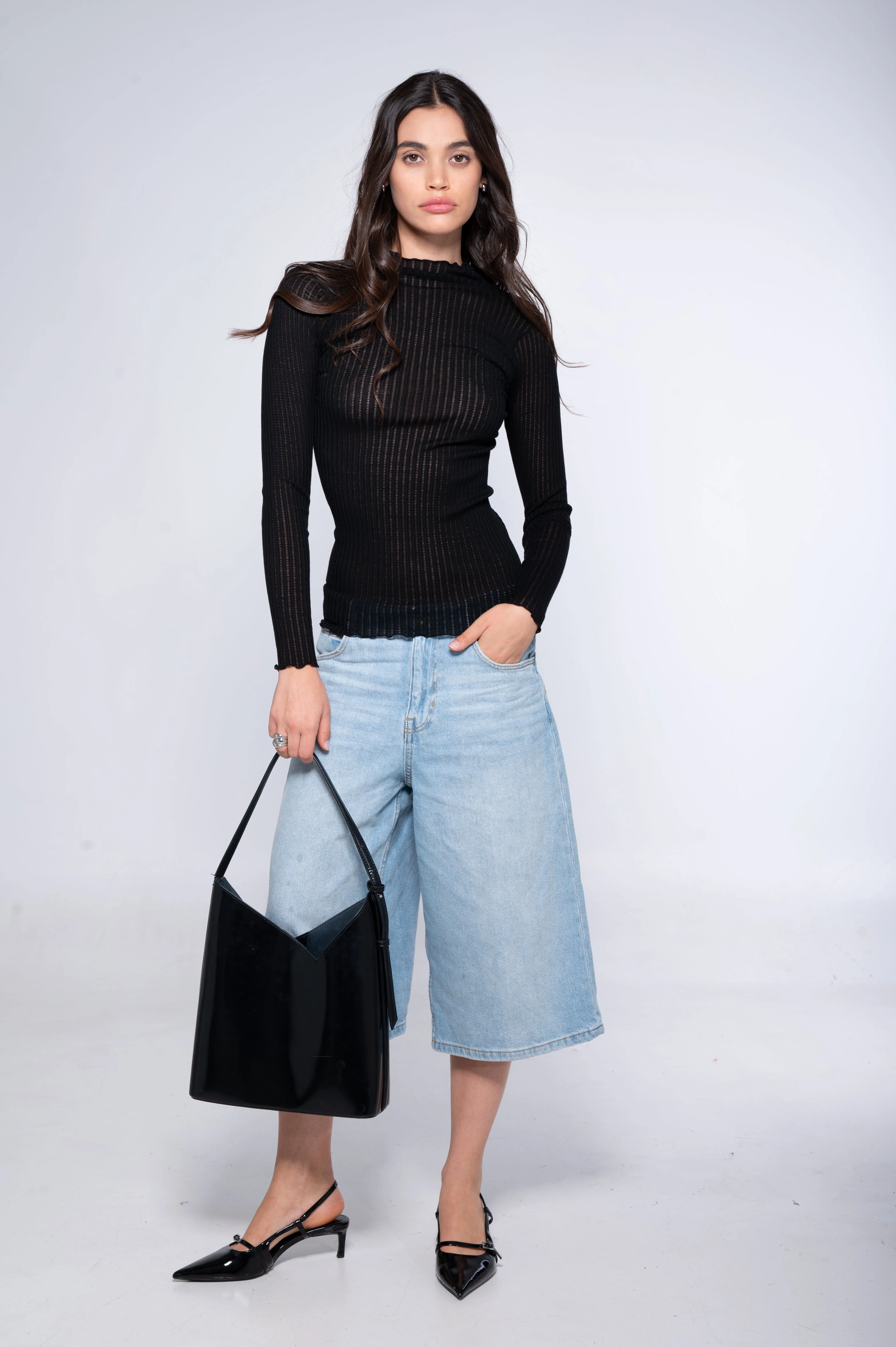 Long sleeves mock neck shirt in ajouré wool and silk 7494 - Image 10