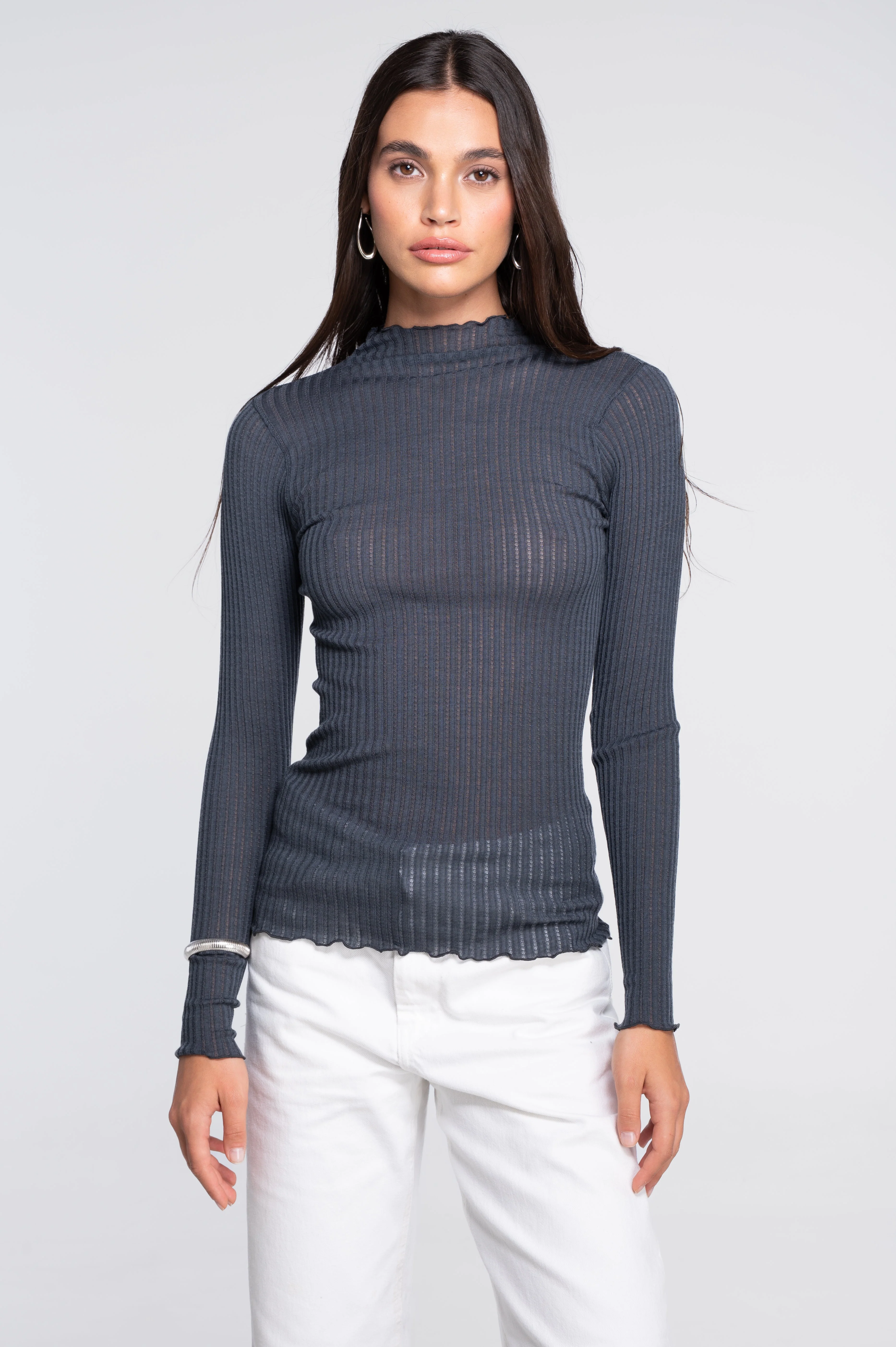 Long sleeves mock neck shirt in ajouré wool and silk 7494 - Image 19