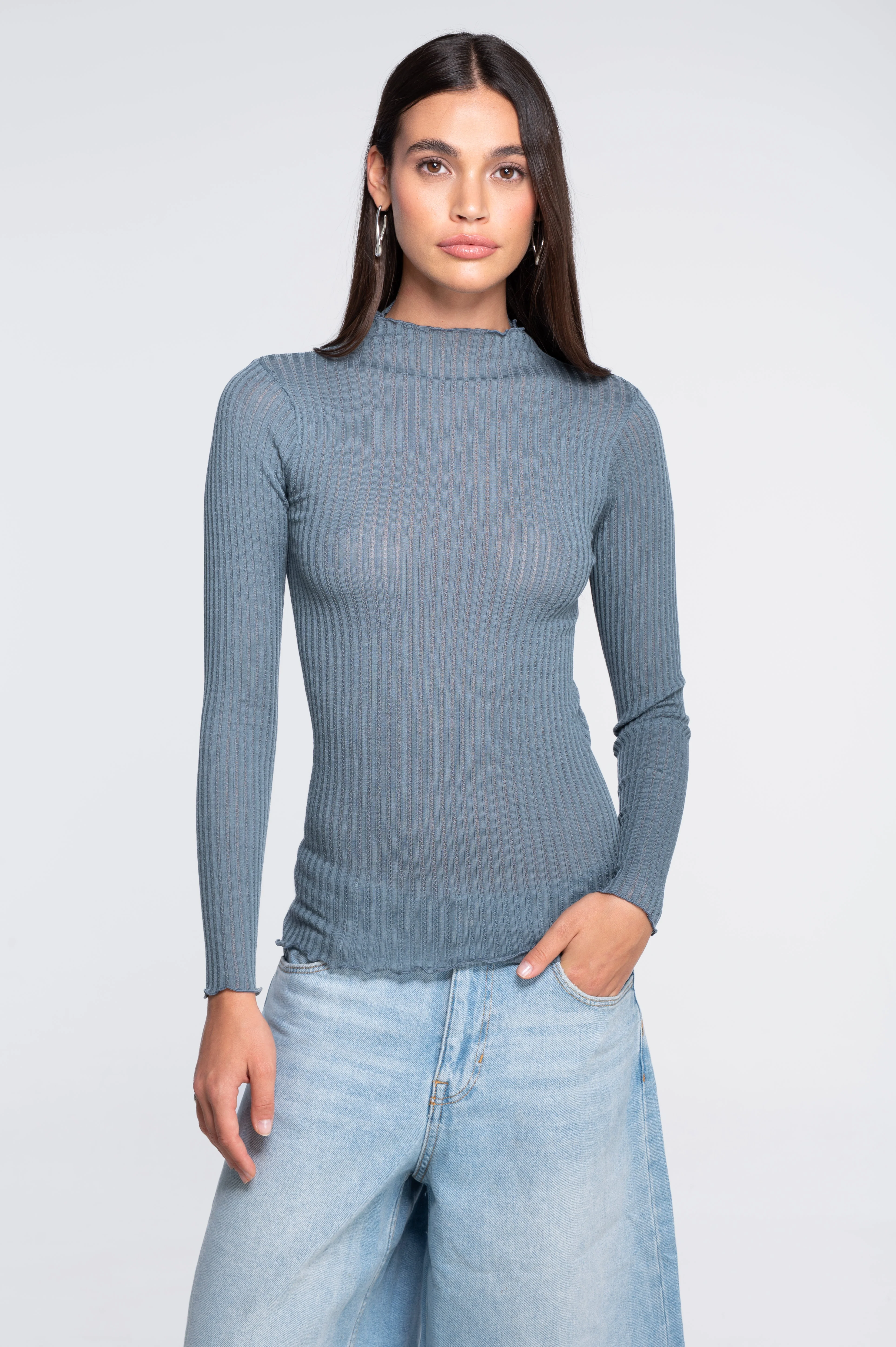 Long sleeves mock neck shirt in ajouré wool and silk 7494 - Image 25