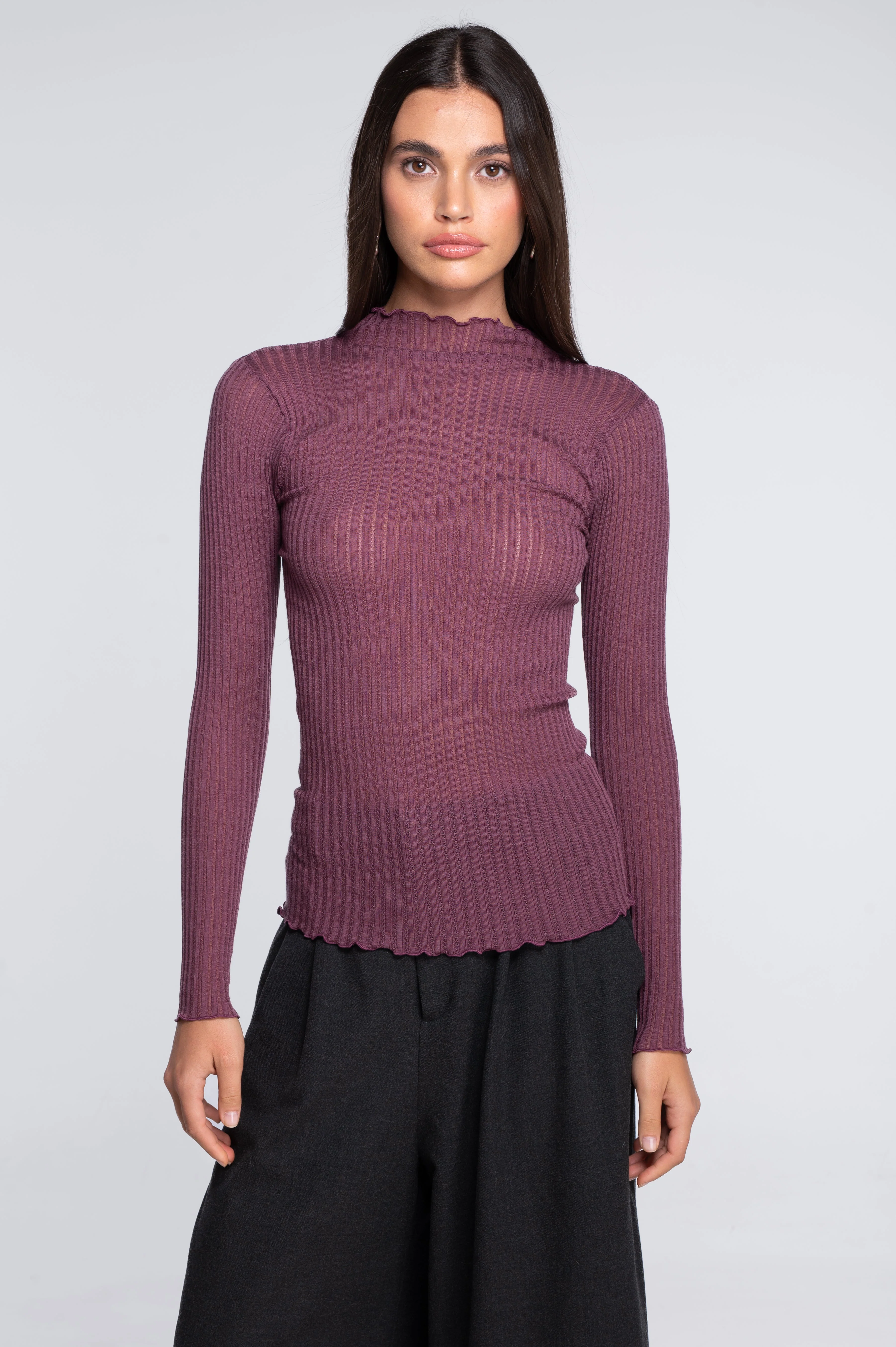 Long sleeves mock neck shirt in ajouré wool and silk 7494 - Image 31