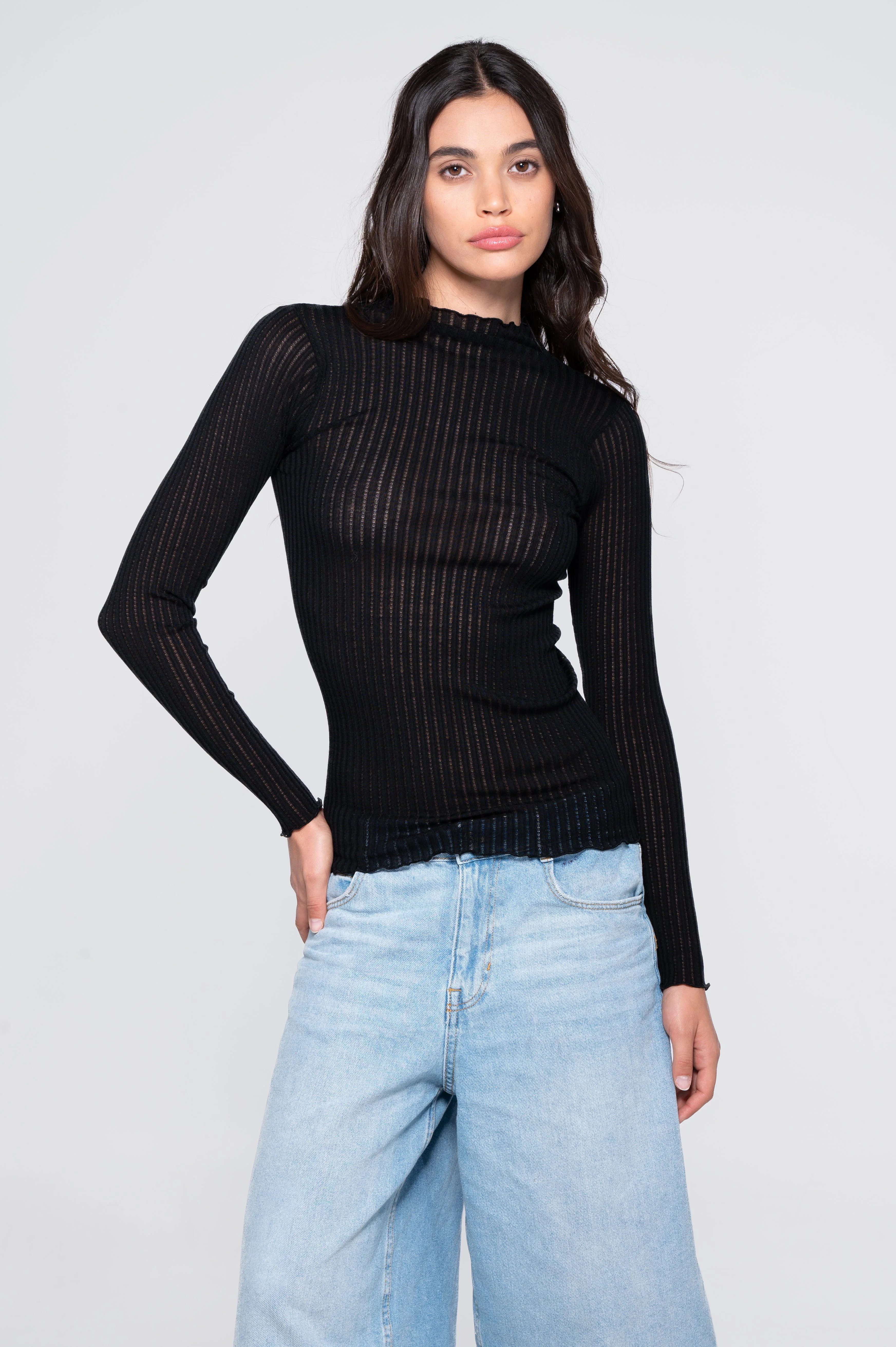 Long sleeves mock neck shirt in ajouré wool and silk 7494 - Image 7