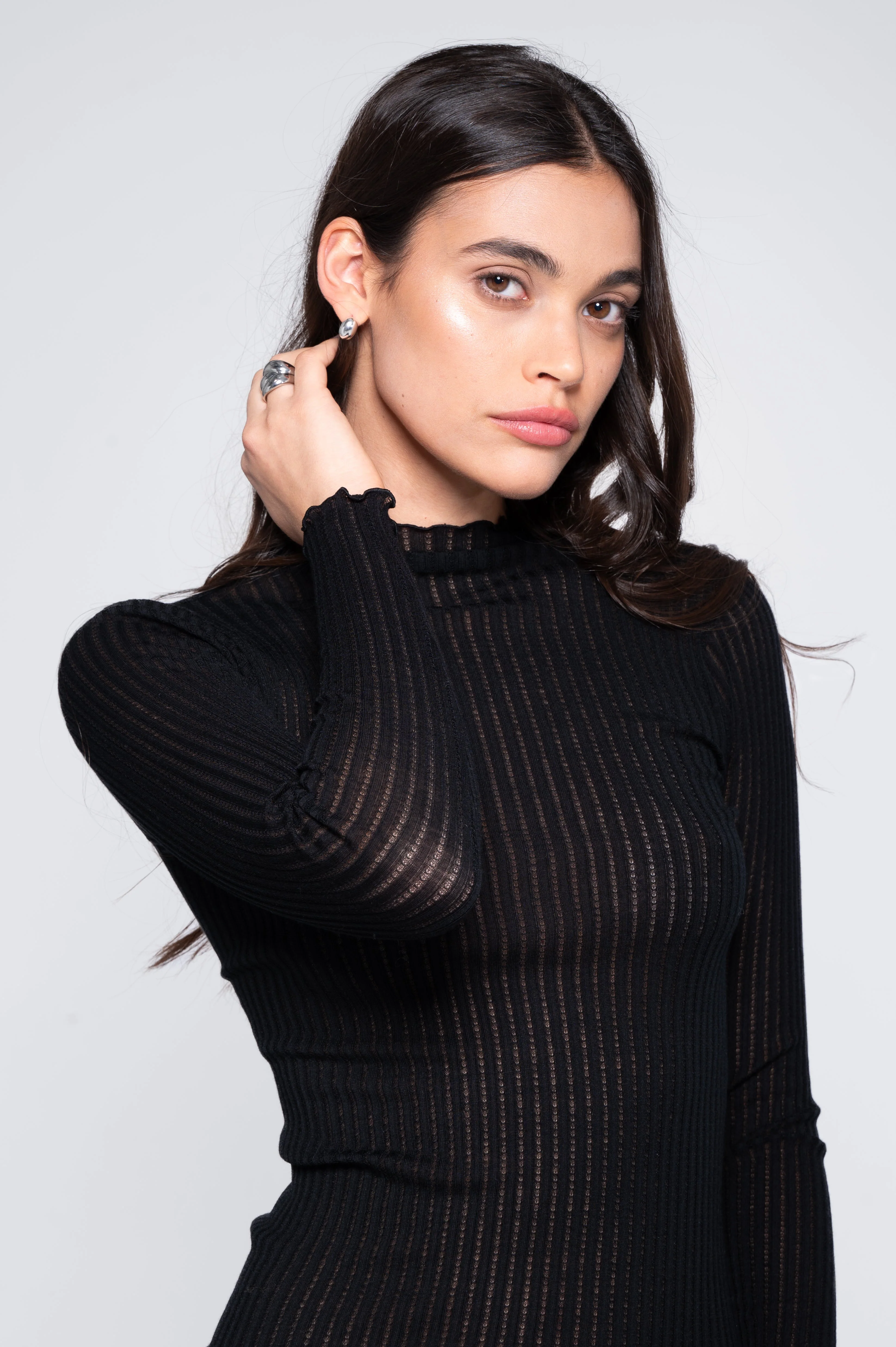 Long sleeves mock neck shirt in ajouré wool and silk 7494 - Image 9