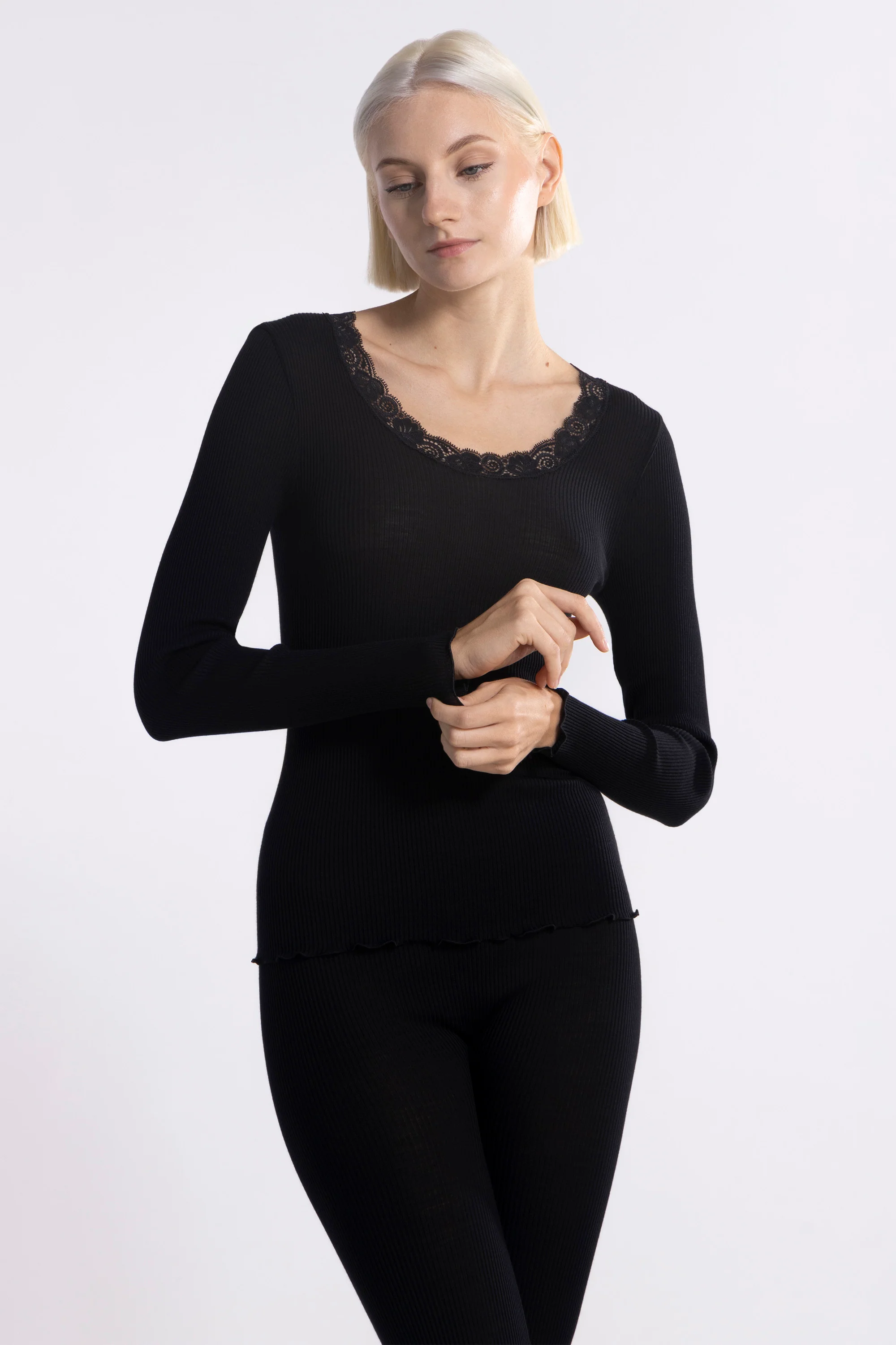 Long-sleeved shirt in wool and silk with Leavers lace 3416 - Image 4