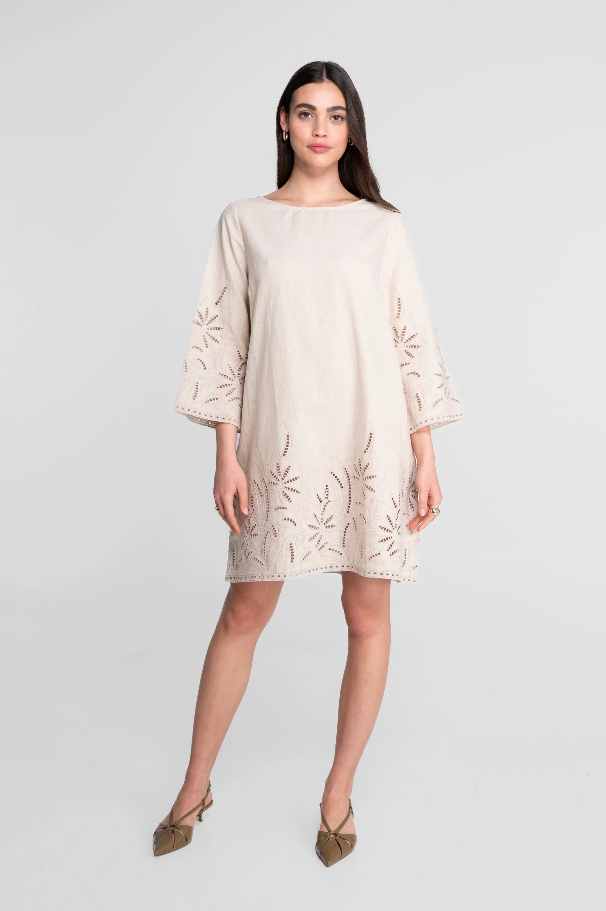 Cotton-linen dress with foliage embroidery 7532 - Image 7