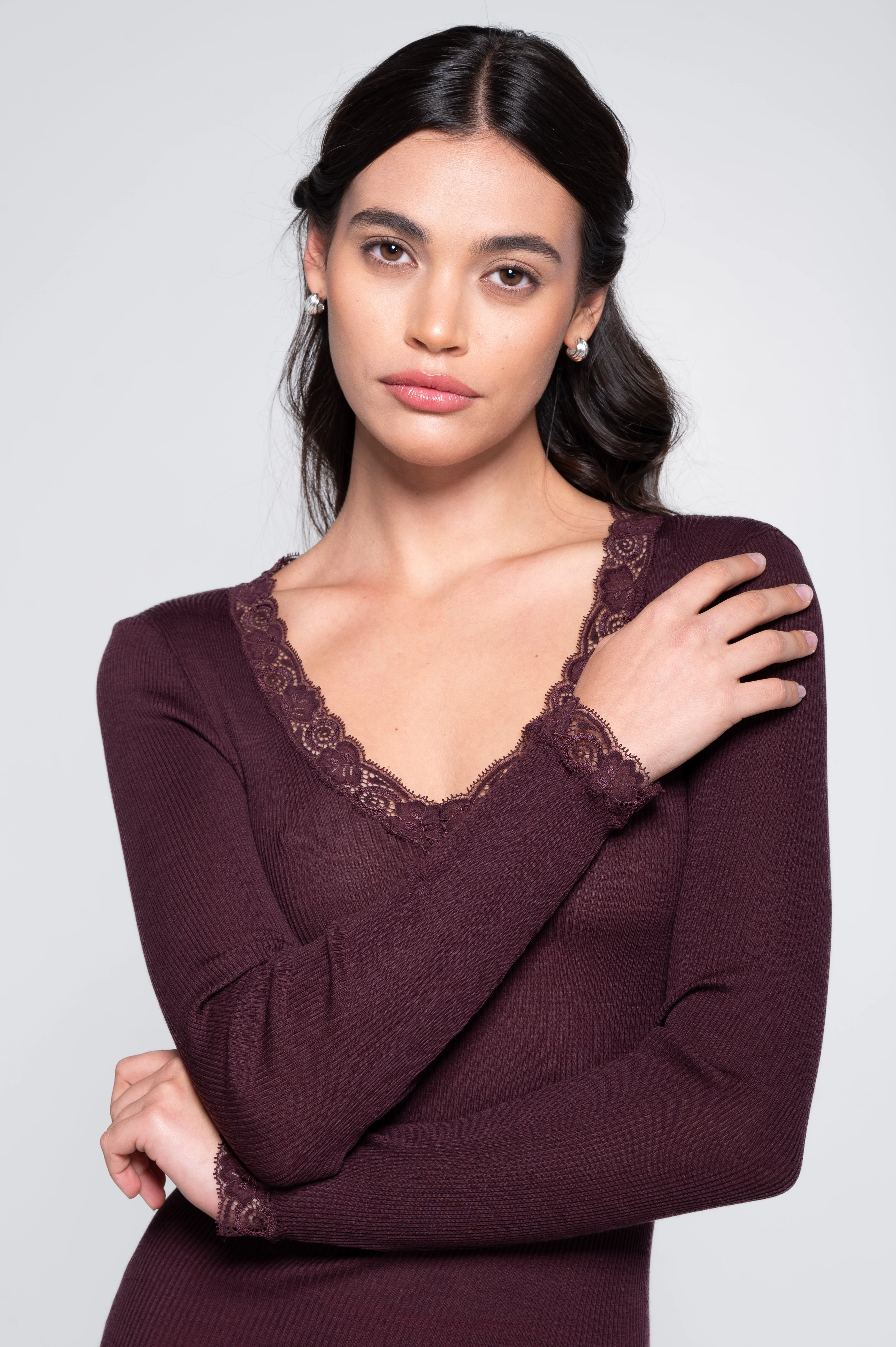 Wool and silk long sleeves shirt with leavers lace 3404 - Image 2
