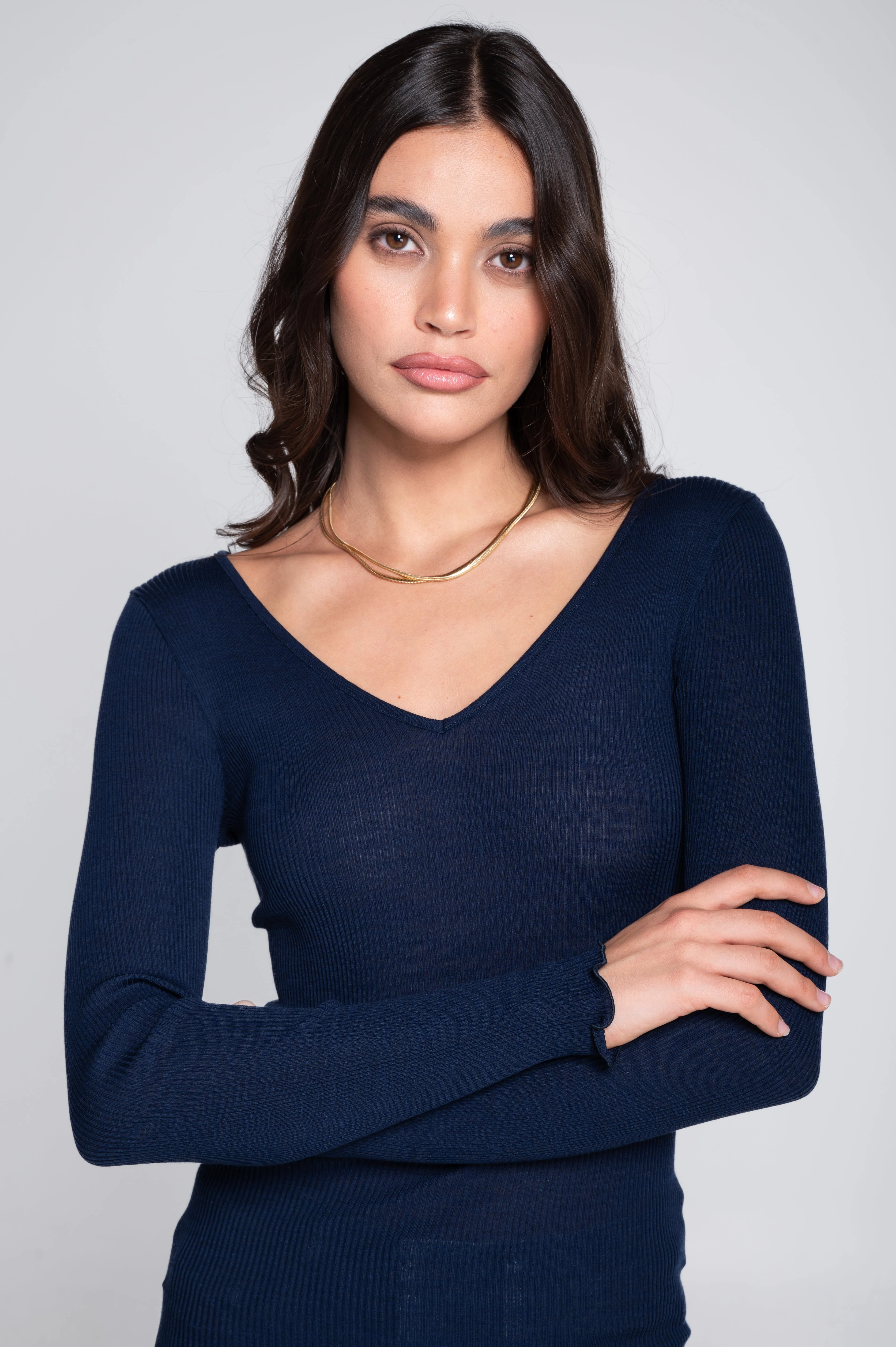 Wool and silk long sleeves V neck shirt 3486 - Image 10
