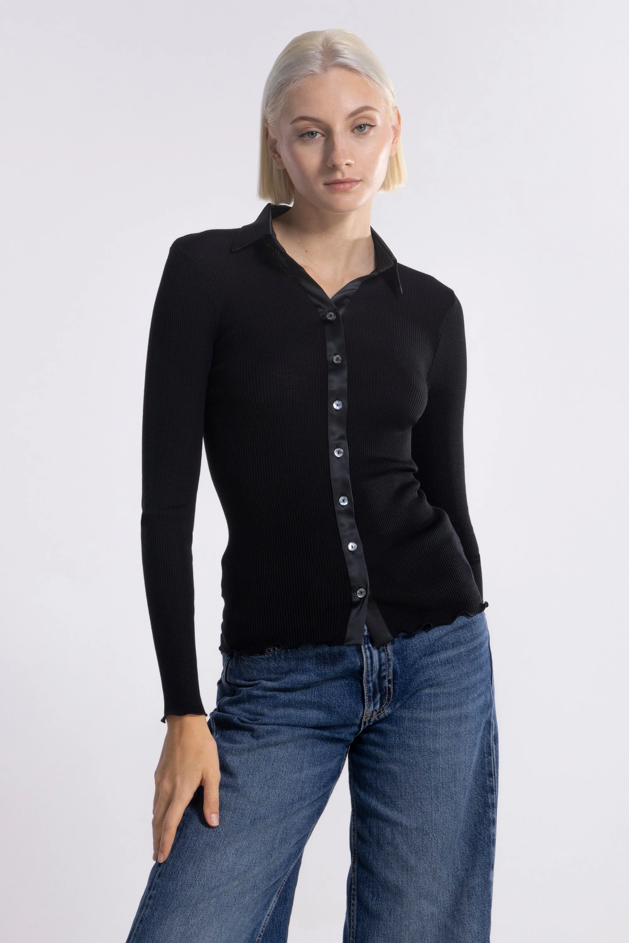 Wool and silk long sleeves shirt with satin opening 6350 - Image 14