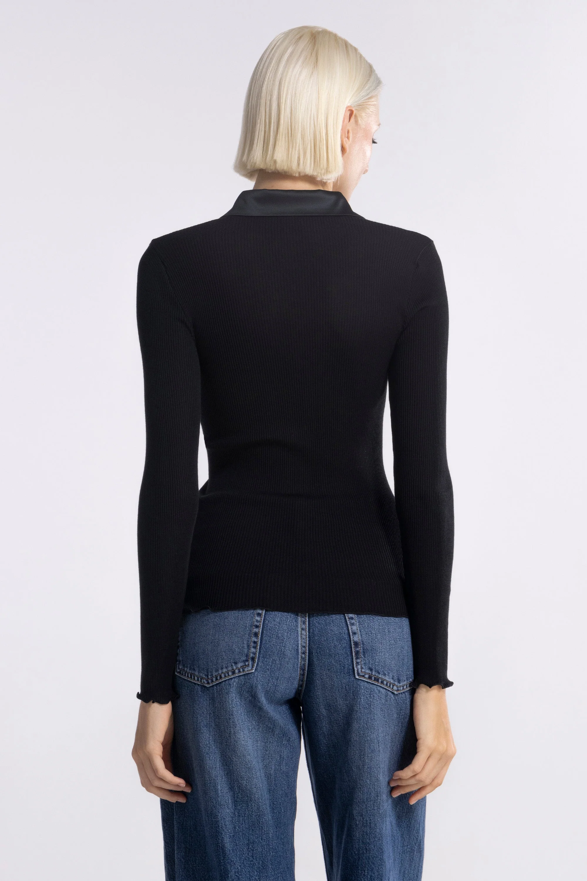 Wool and silk long sleeves shirt with satin opening 6350 - Image 15