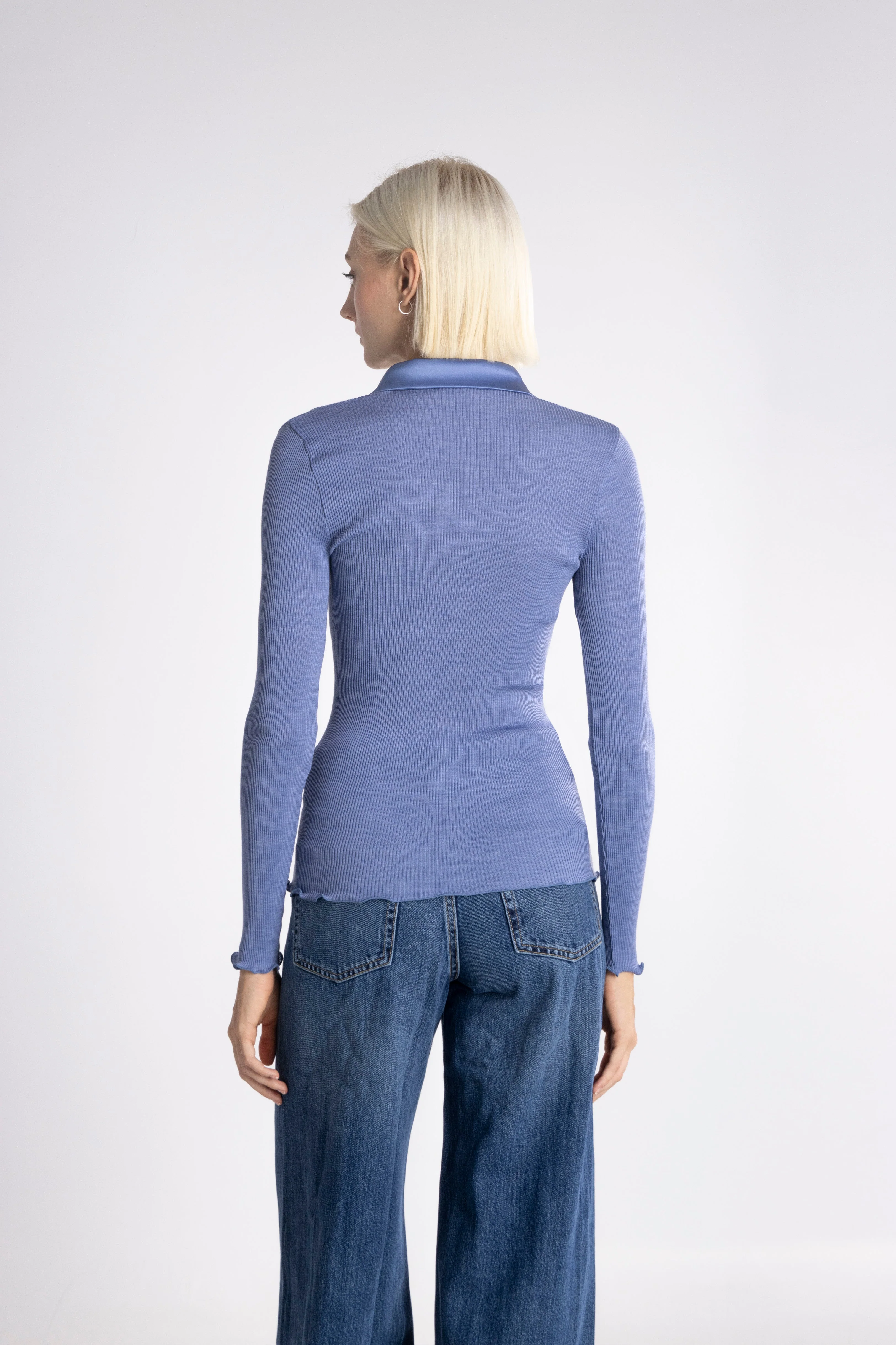 Wool and silk long sleeves shirt with satin opening 6350 - Image 23