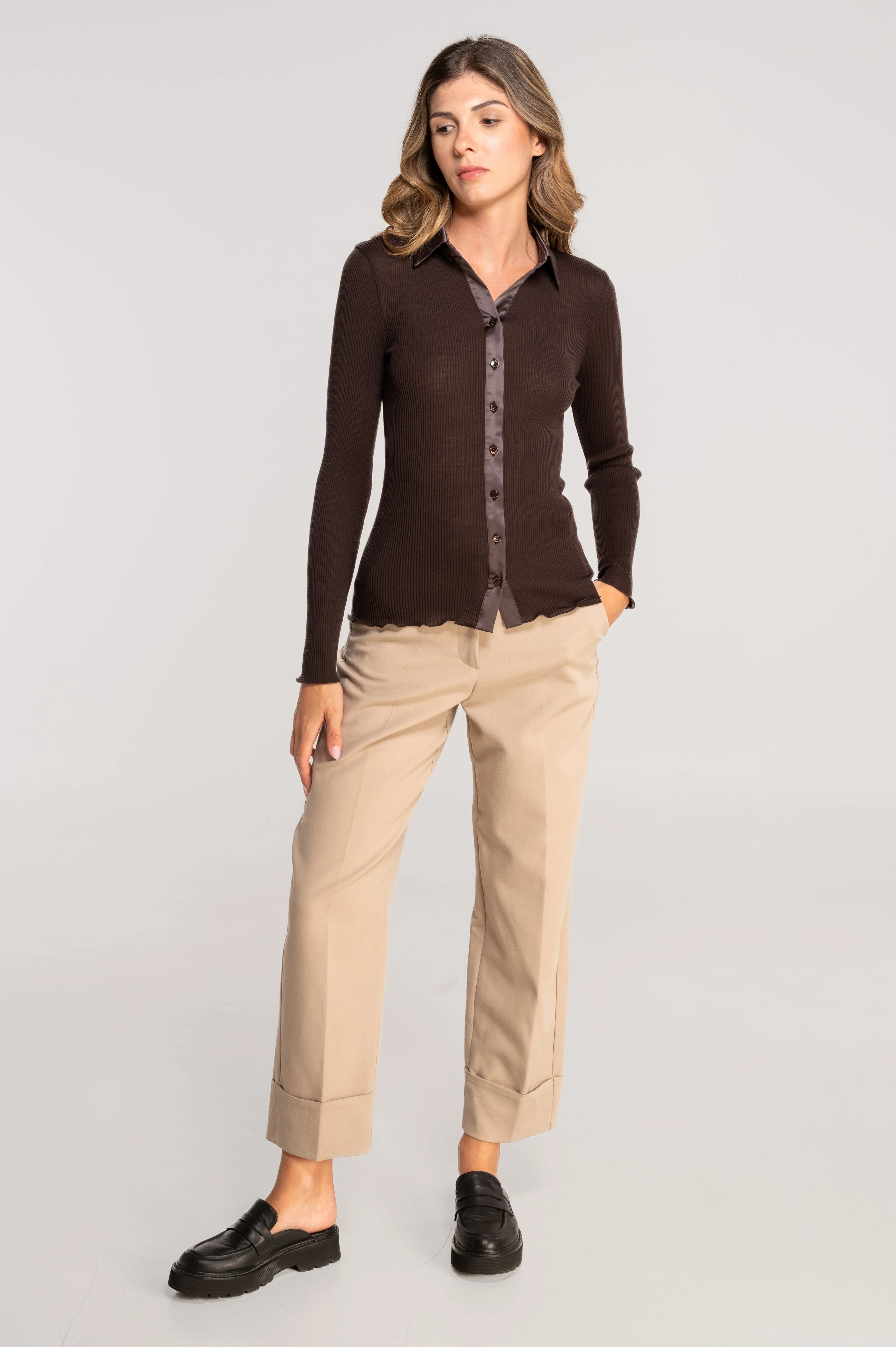 Wool and silk long sleeves shirt with satin opening 6350 - Image 31