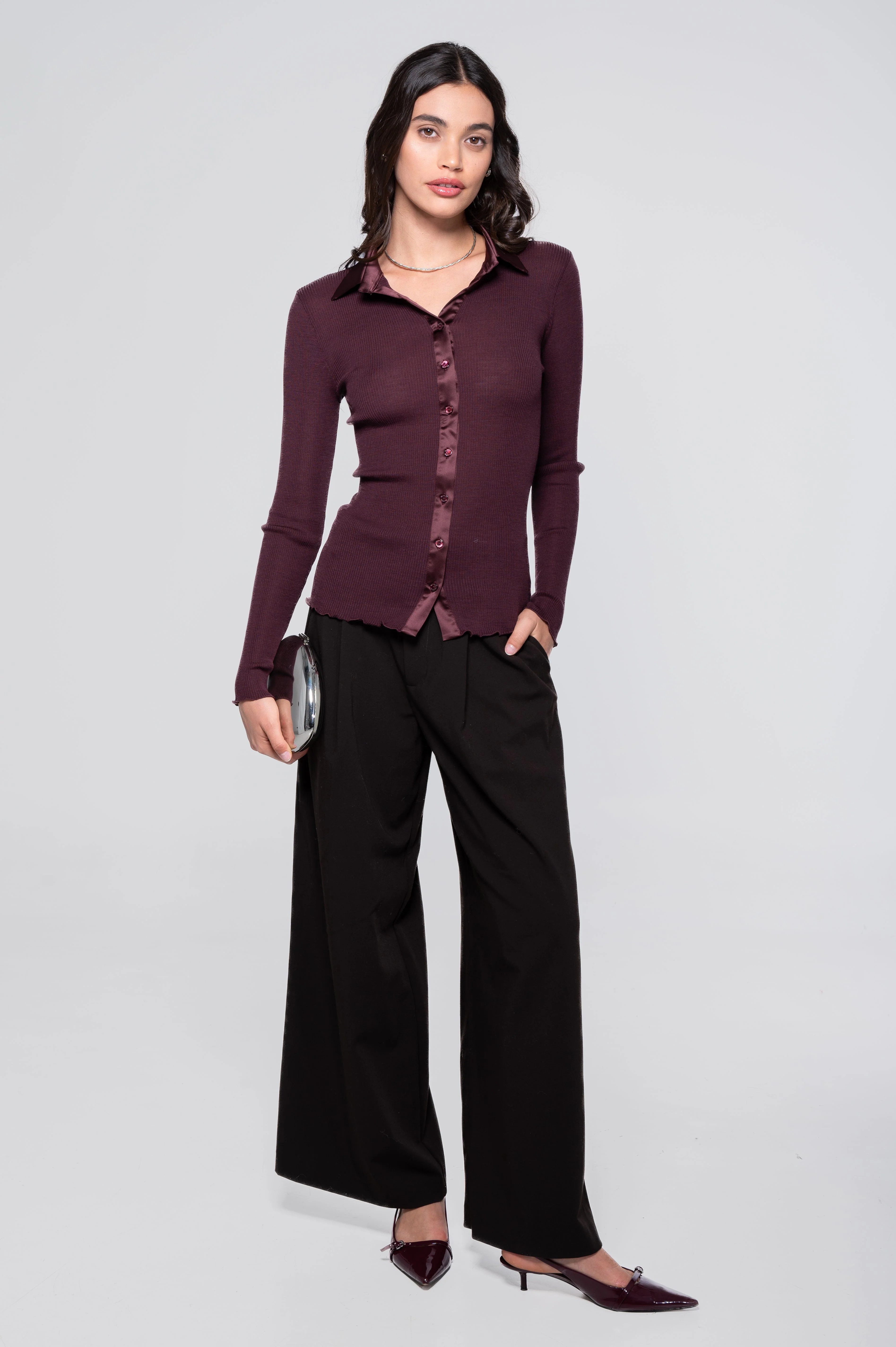 Wool and silk long sleeves shirt with satin opening 6350 - Image 4