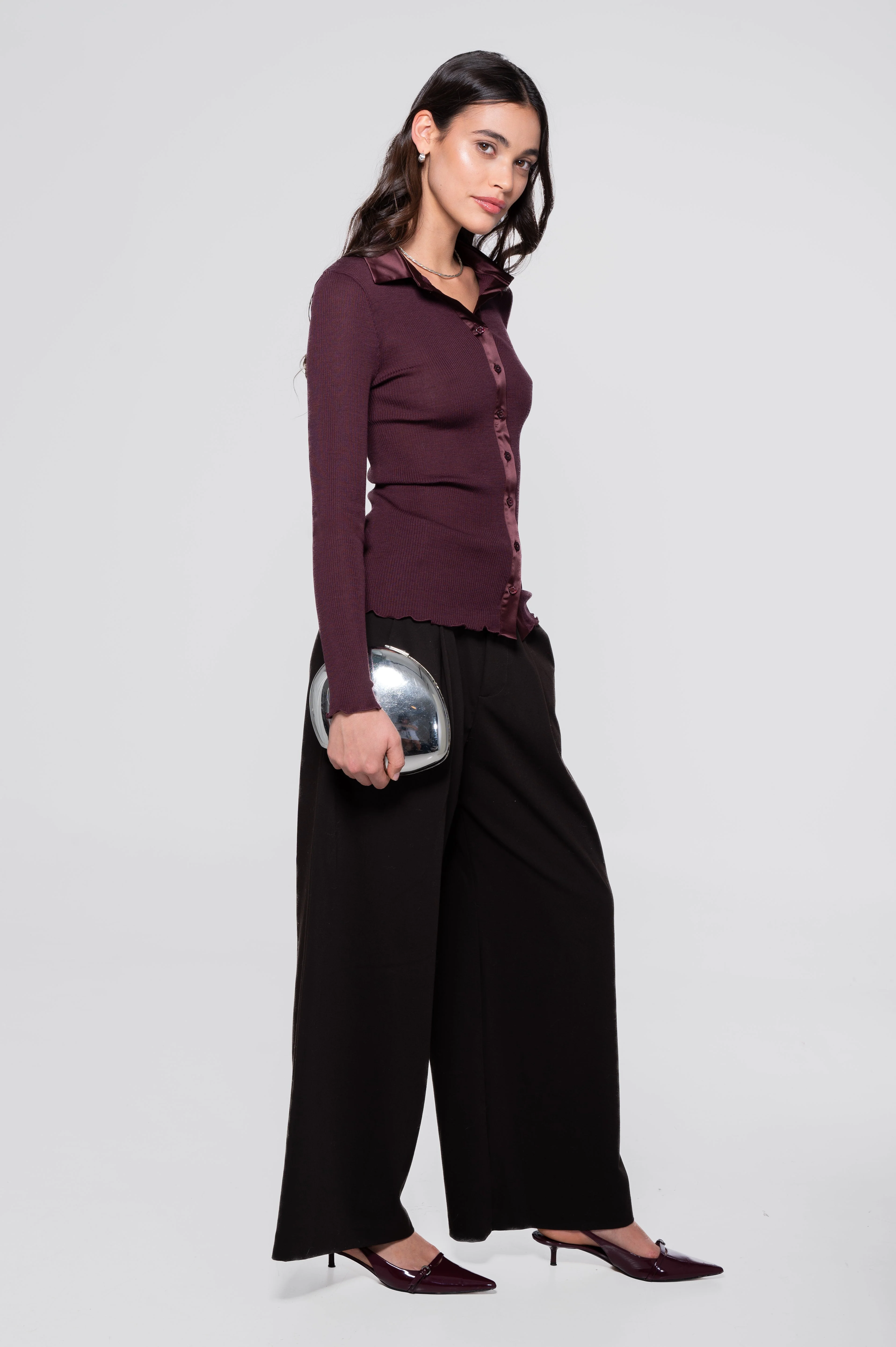 Wool and silk long sleeves shirt with satin opening 6350 - Image 5