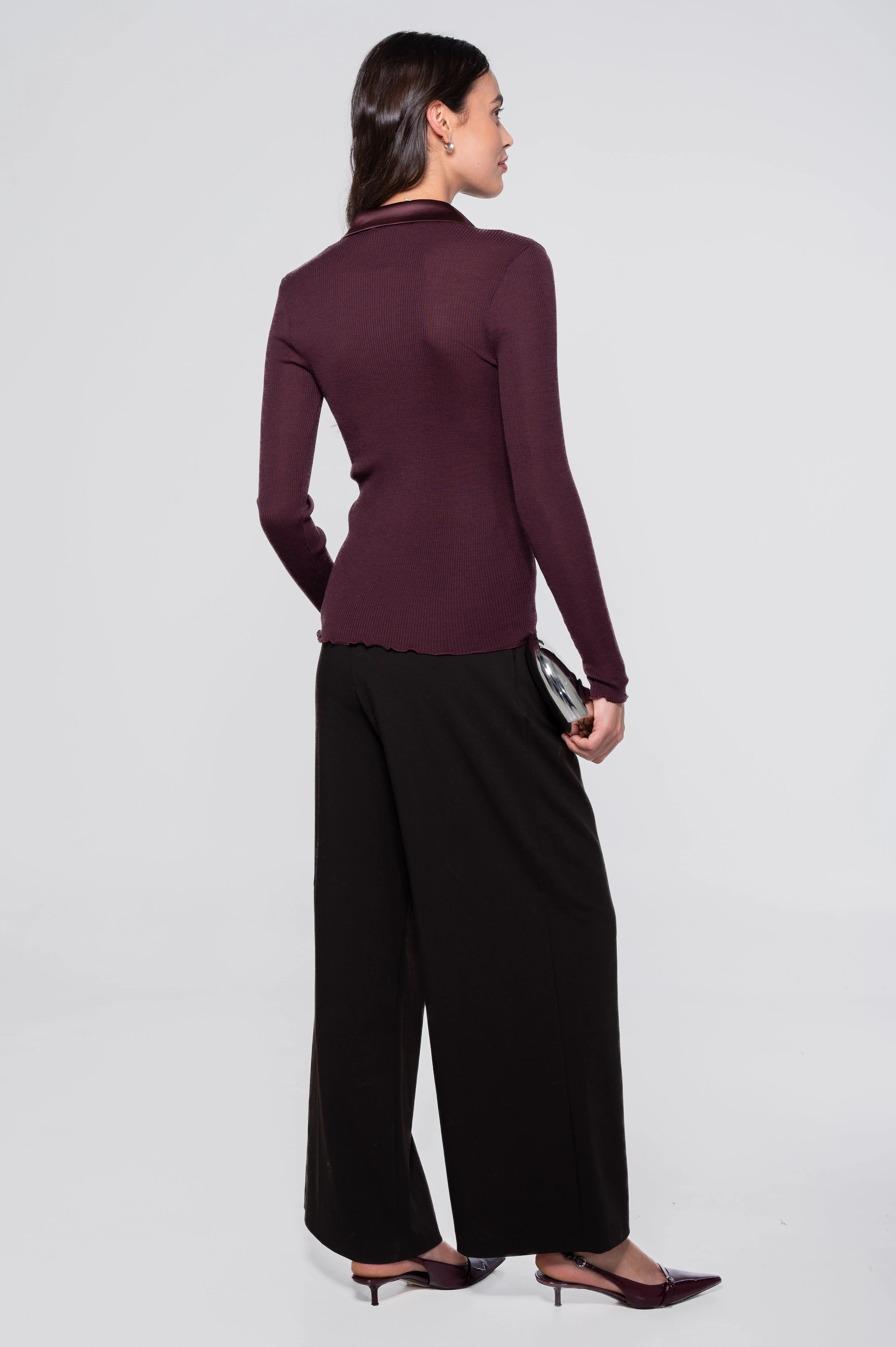 Wool and silk long sleeves shirt with satin opening 6350 - Image 6
