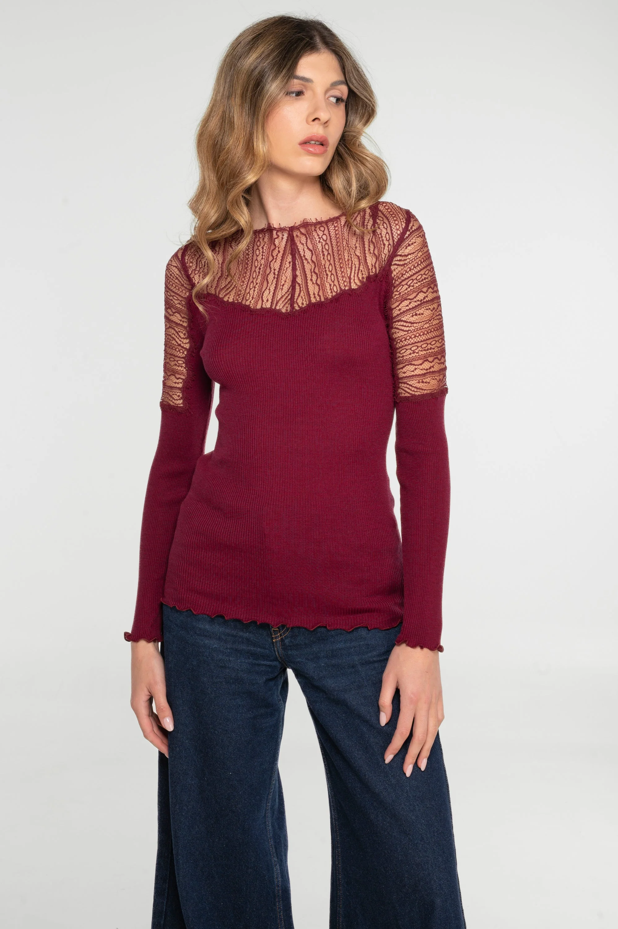 Wool and silk long sleeves shirt with chantilly lace 7415 - Image 6