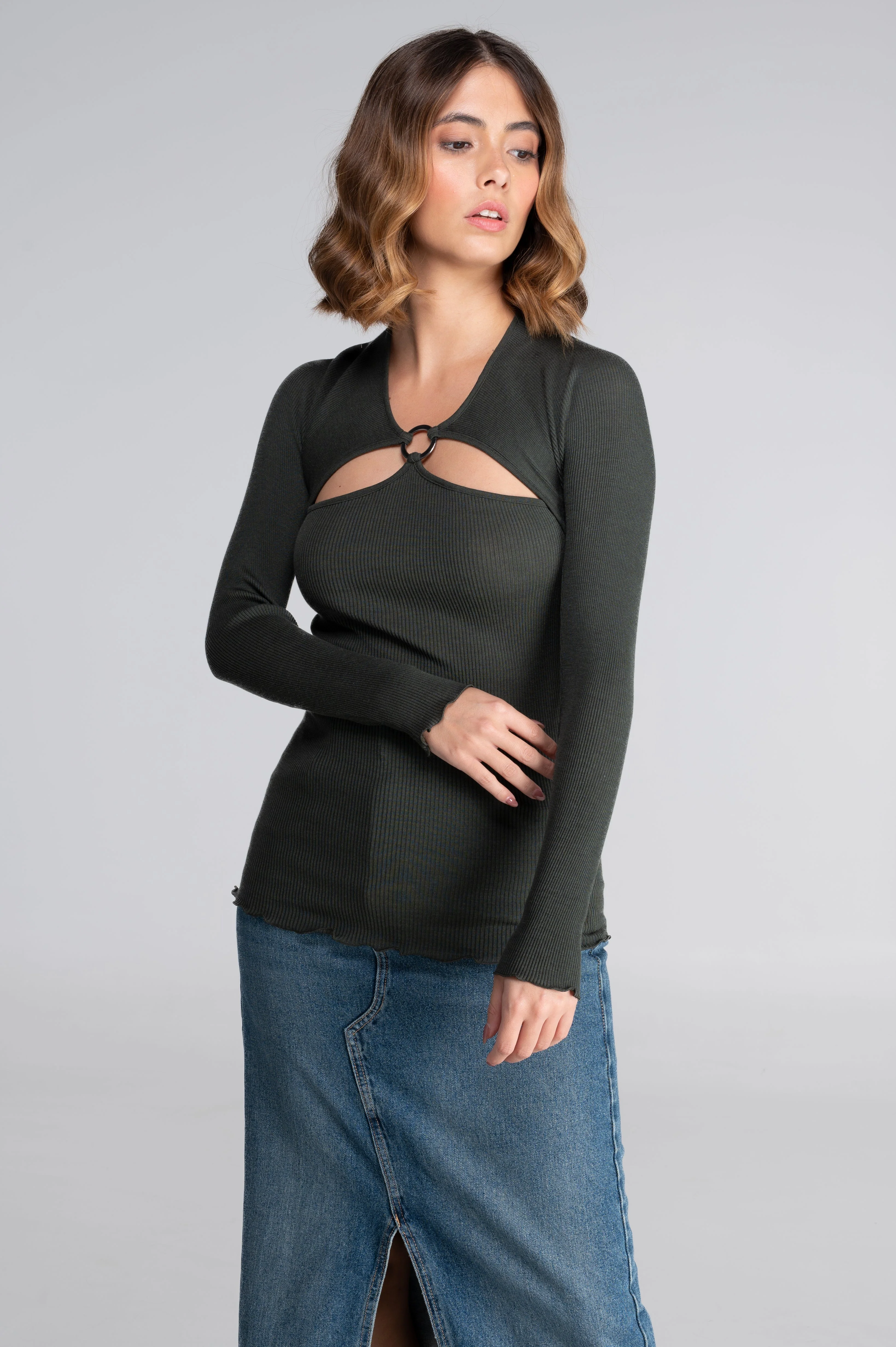 Wool and silk long sleeves round neck shirt with cut-outs 7471 - Image 7