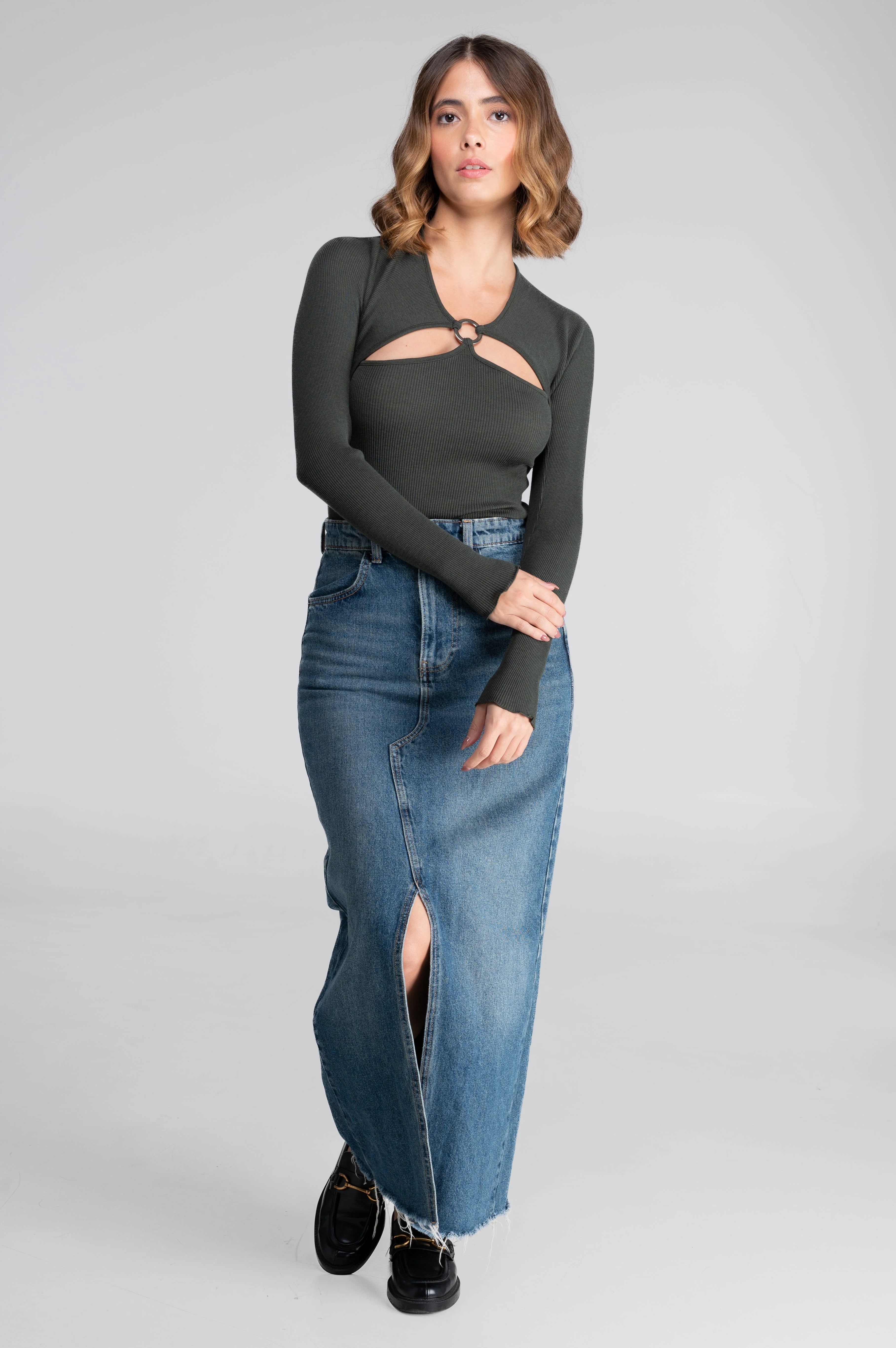 Wool and silk long sleeves round neck shirt with cut-outs 7471 - Image 9
