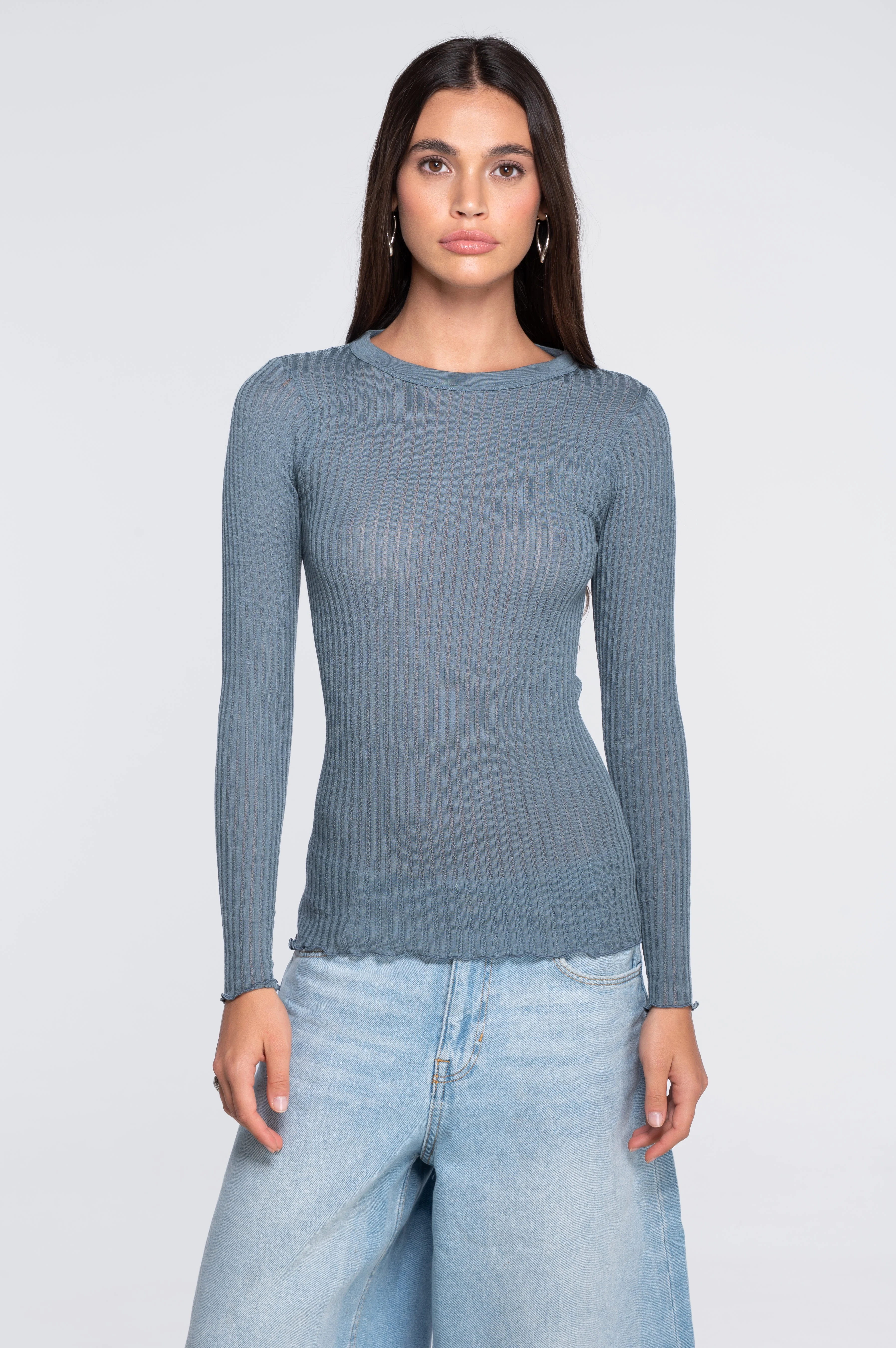 Long sleeves round neck shirt in ajouré wool and silk 7496 - Image 18