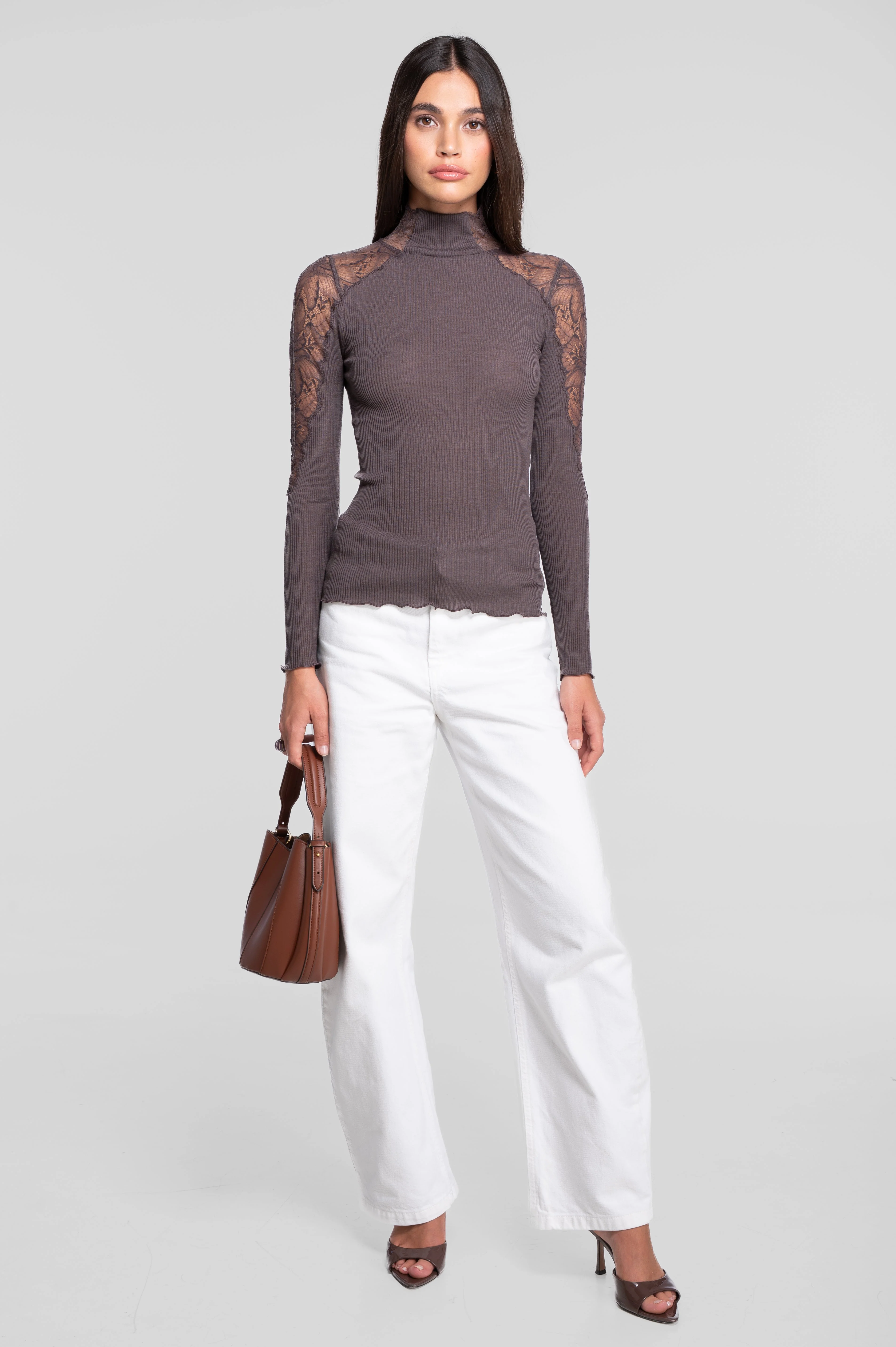 Wool and silk long sleeves mock neck shirt with Leavers lace insert 7613 - Image 3