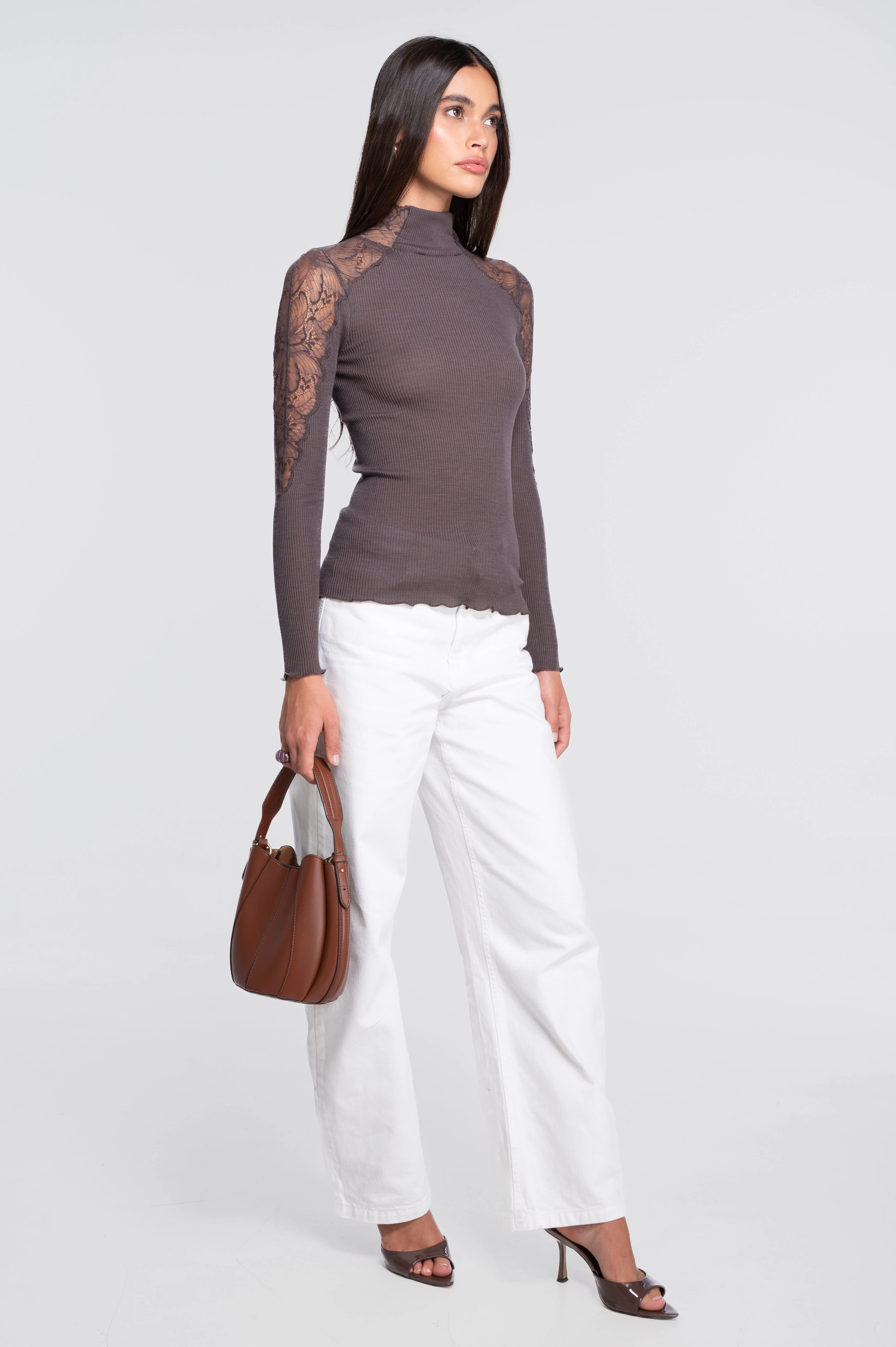 Wool and silk long sleeves mock neck shirt with Leavers lace insert 7613 - Image 4