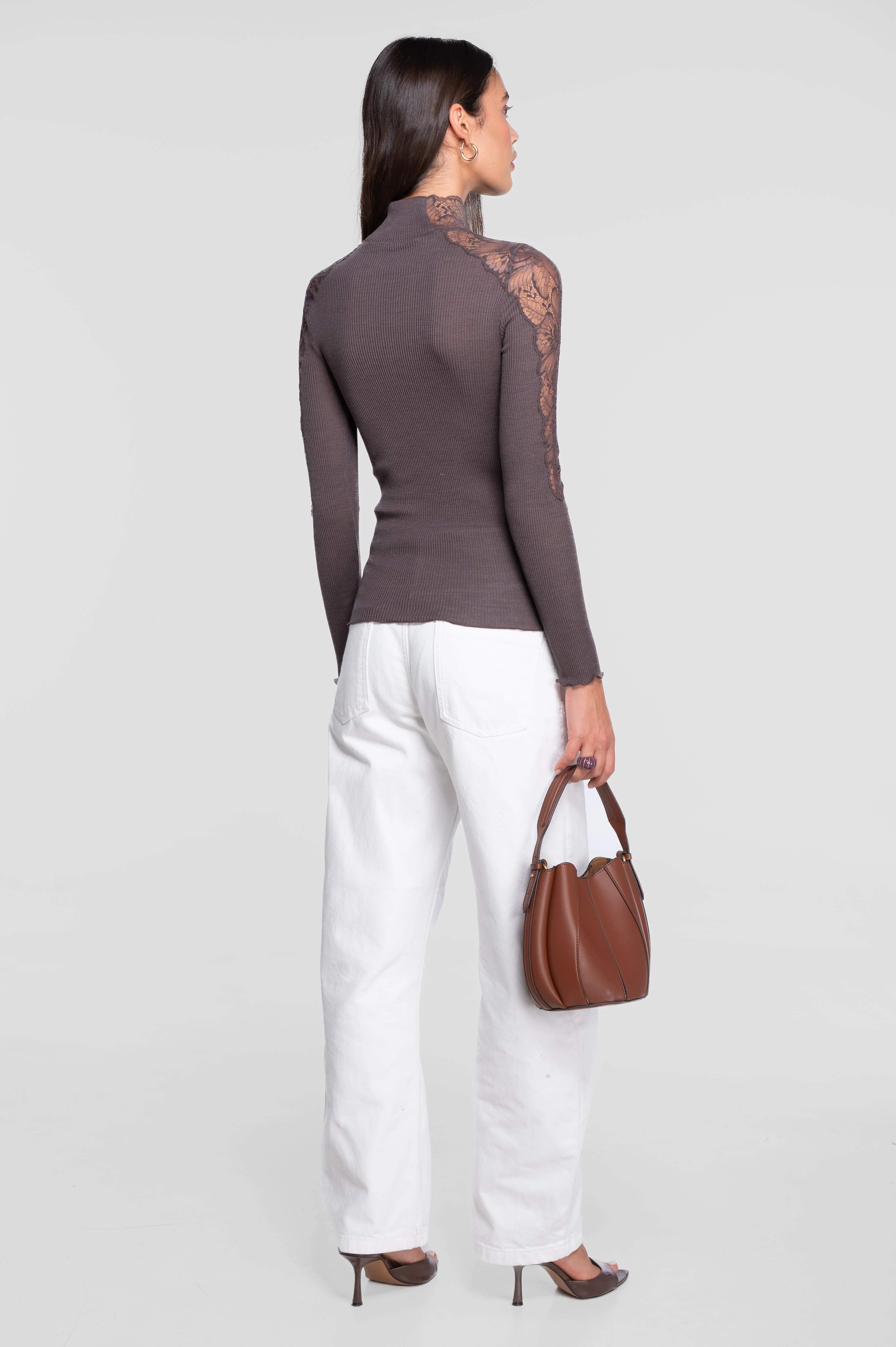Wool and silk long sleeves mock neck shirt with Leavers lace insert 7613 - Image 5