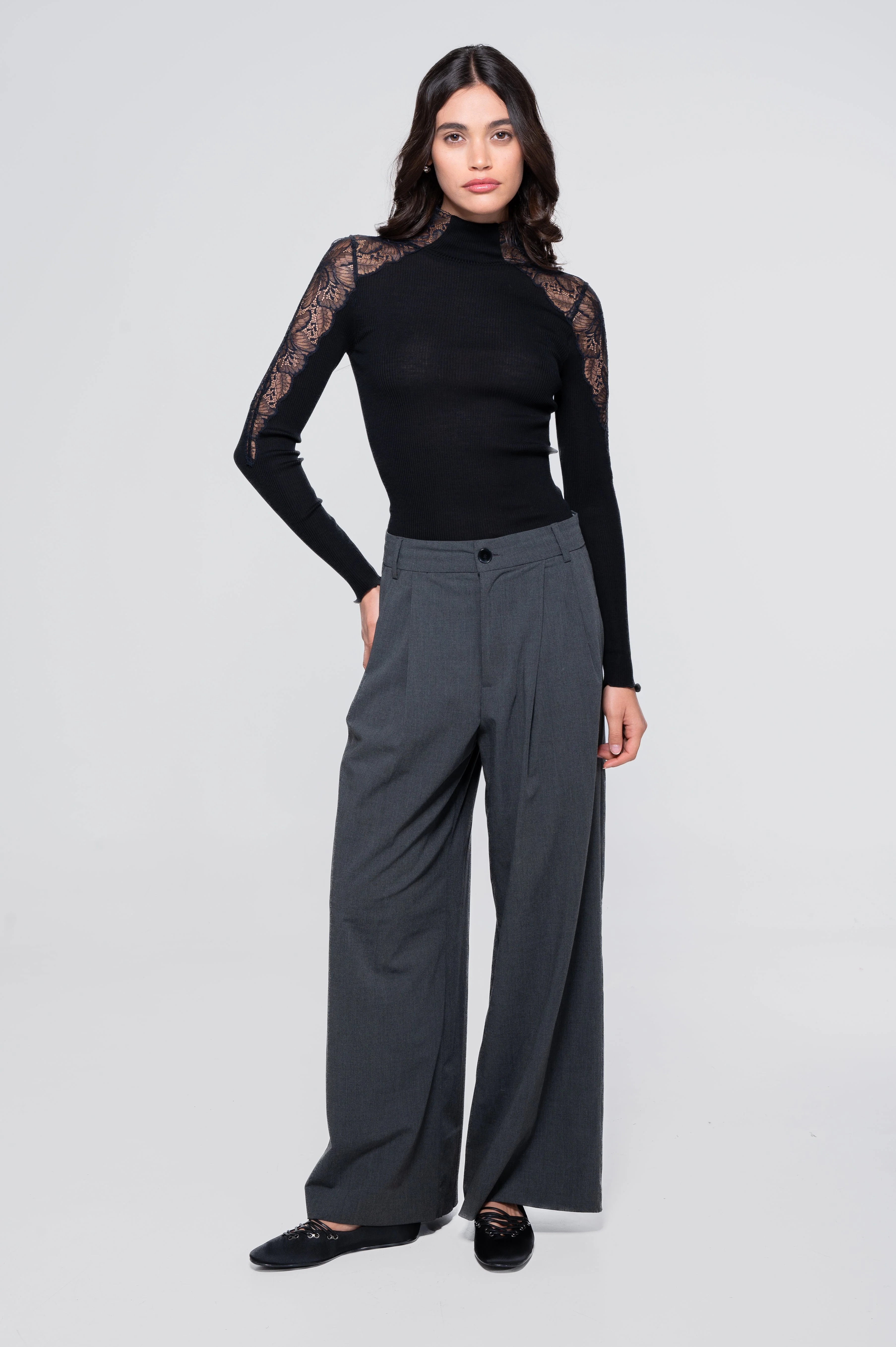 Wool and silk long sleeves mock neck shirt with Leavers lace insert 7613 - Image 7