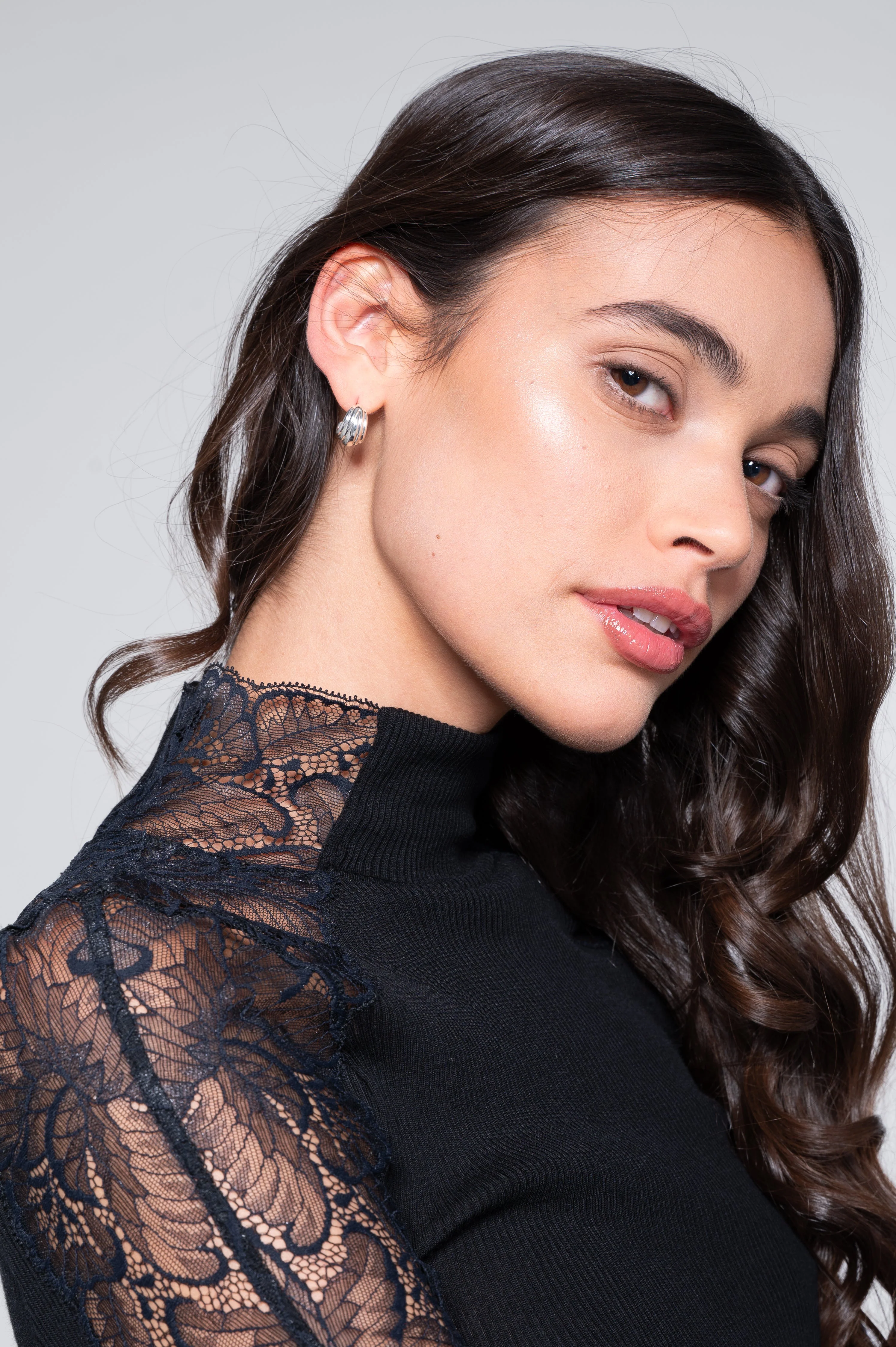 Wool and silk long sleeves mock neck shirt with Leavers lace insert 7613 - Image 8
