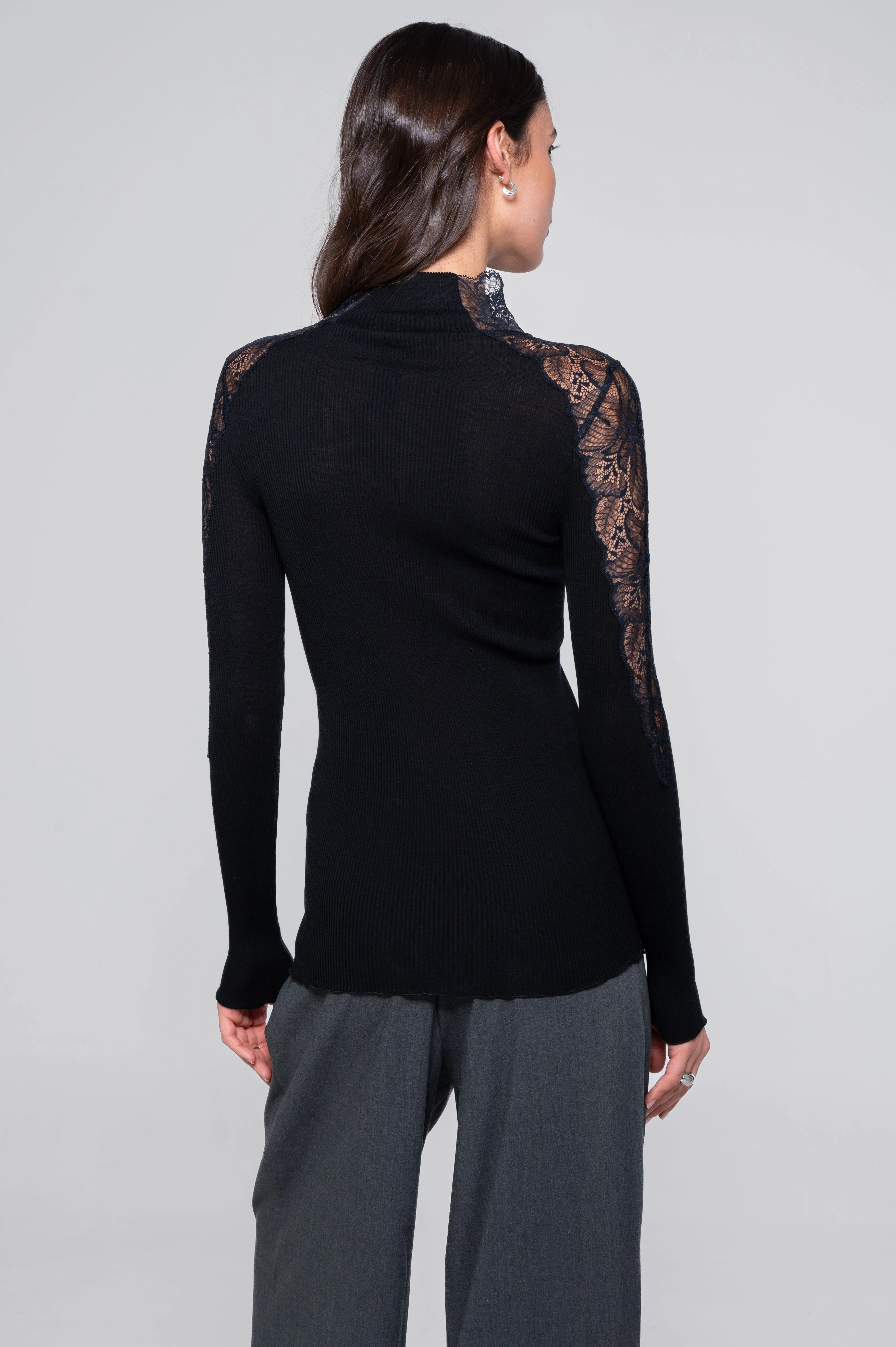 Wool and silk long sleeves mock neck shirt with Leavers lace insert 7613 - Image 9