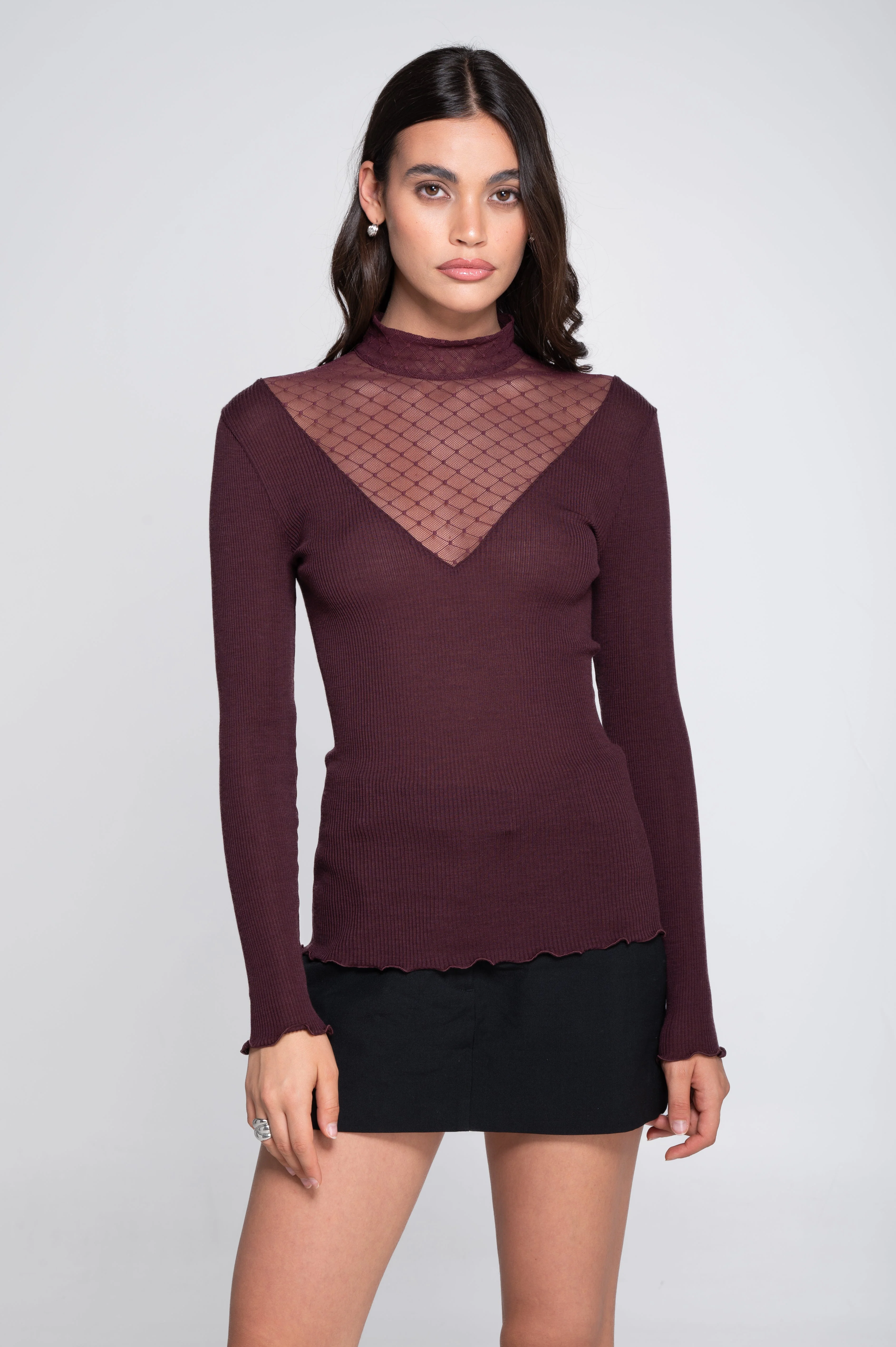 Wool and silk long sleeves mock neck shirt with diamond jacquard laize 7620 - Image 4