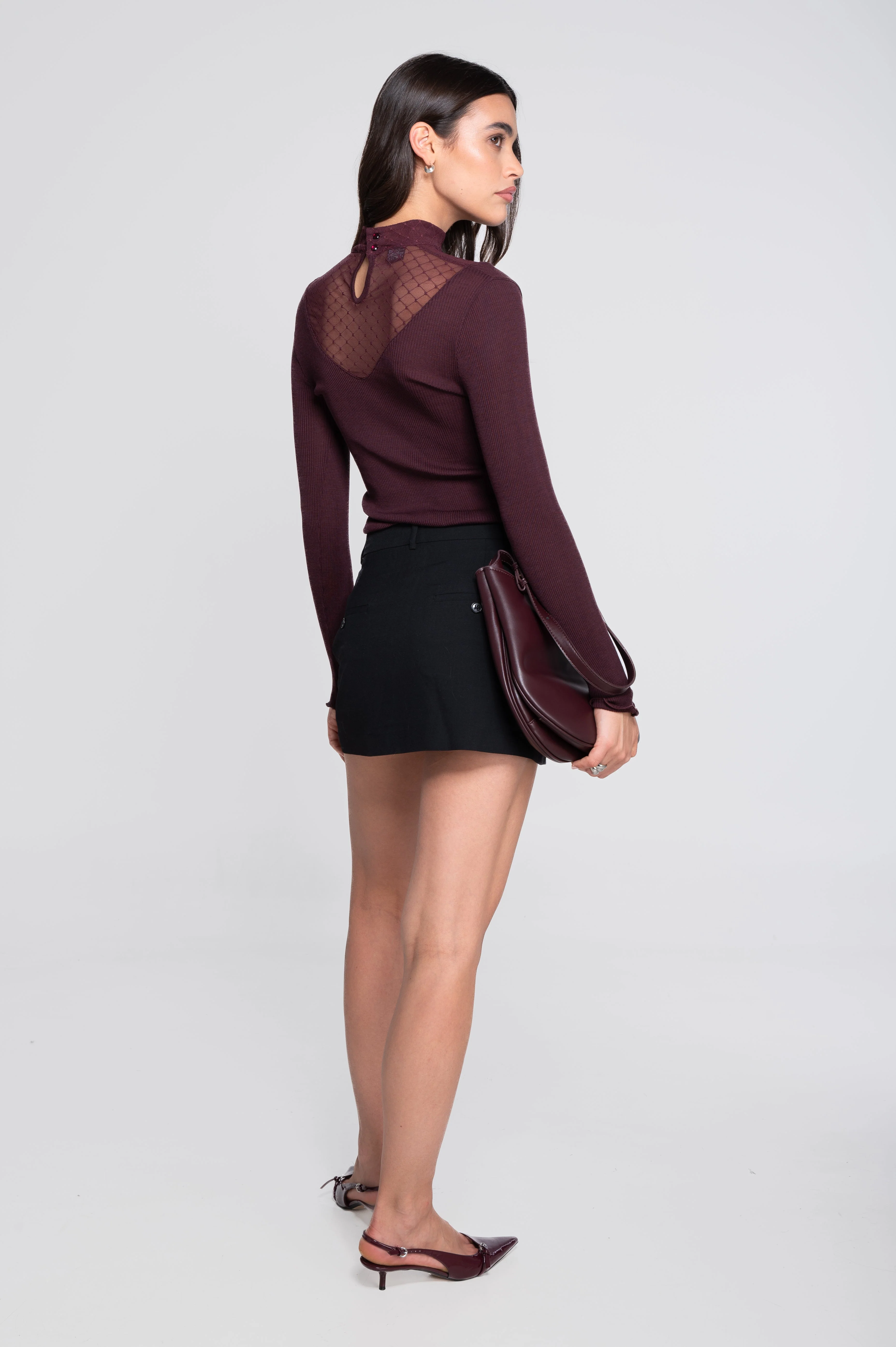 Wool and silk long sleeves mock neck shirt with diamond jacquard laize 7620 - Image 7
