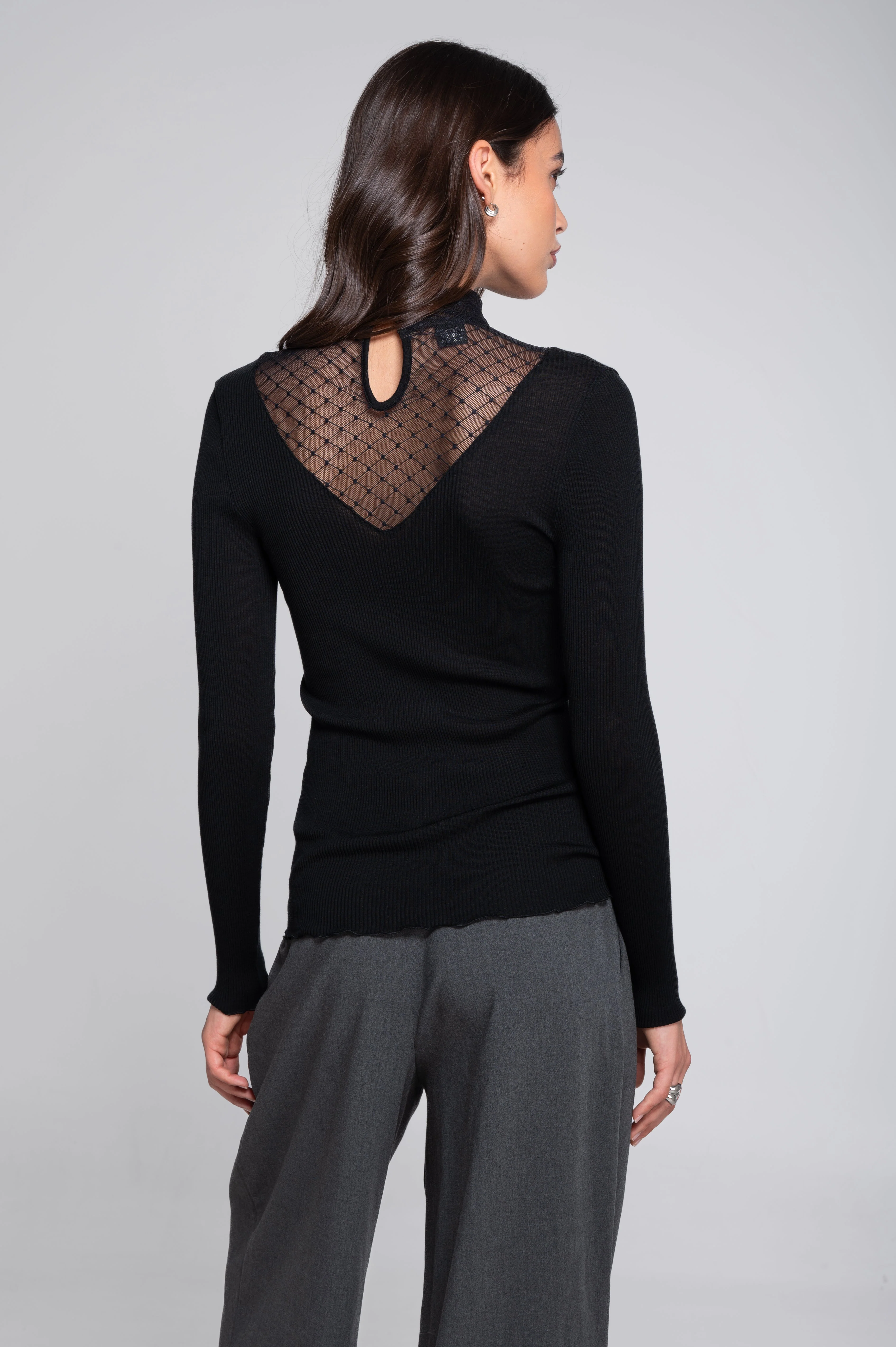 Wool and silk long sleeves mock neck shirt with diamond jacquard laize 7620 - Image 9