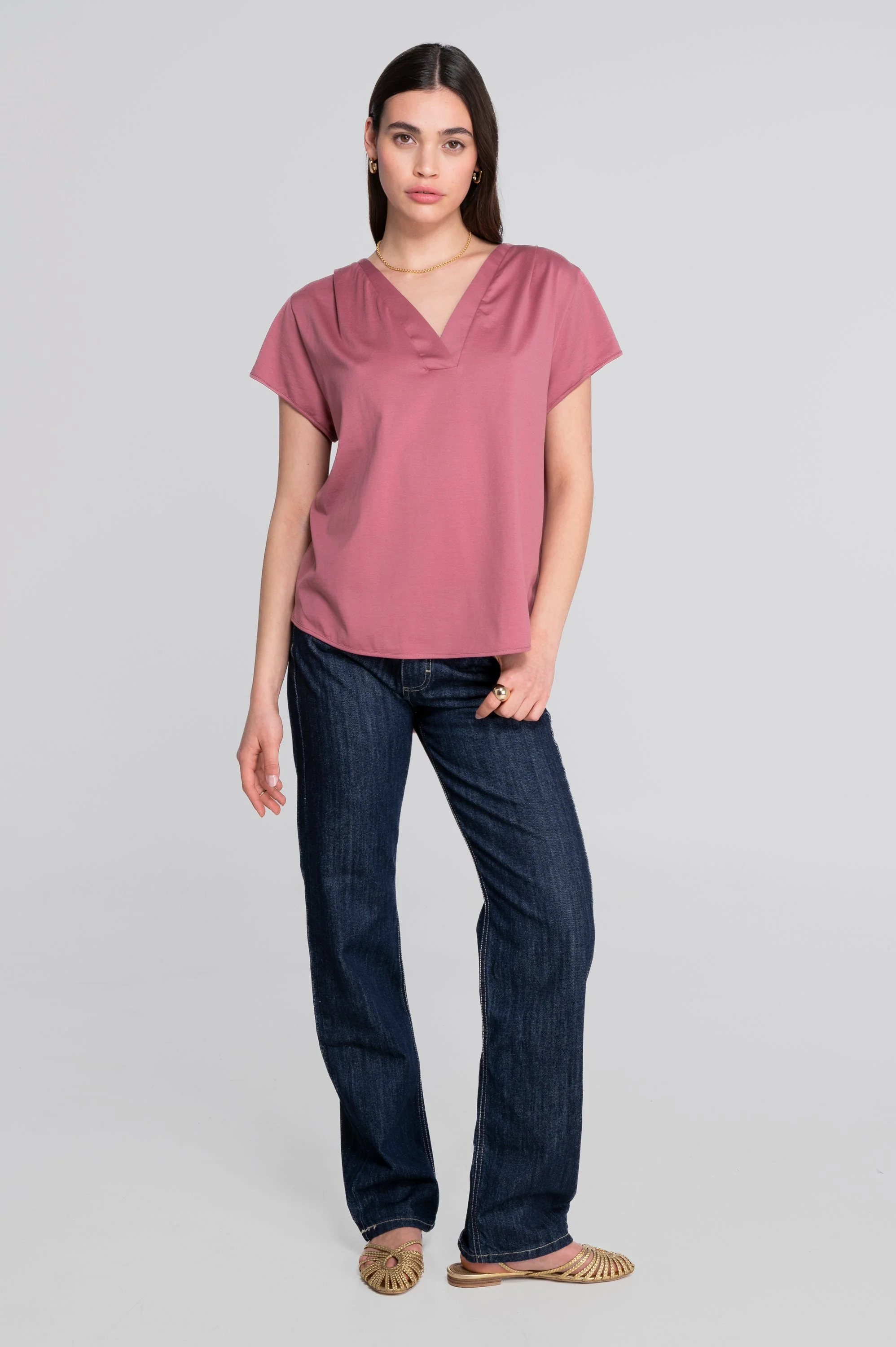 V neck flared T-shirt in jersey cotton 407 - Image 4