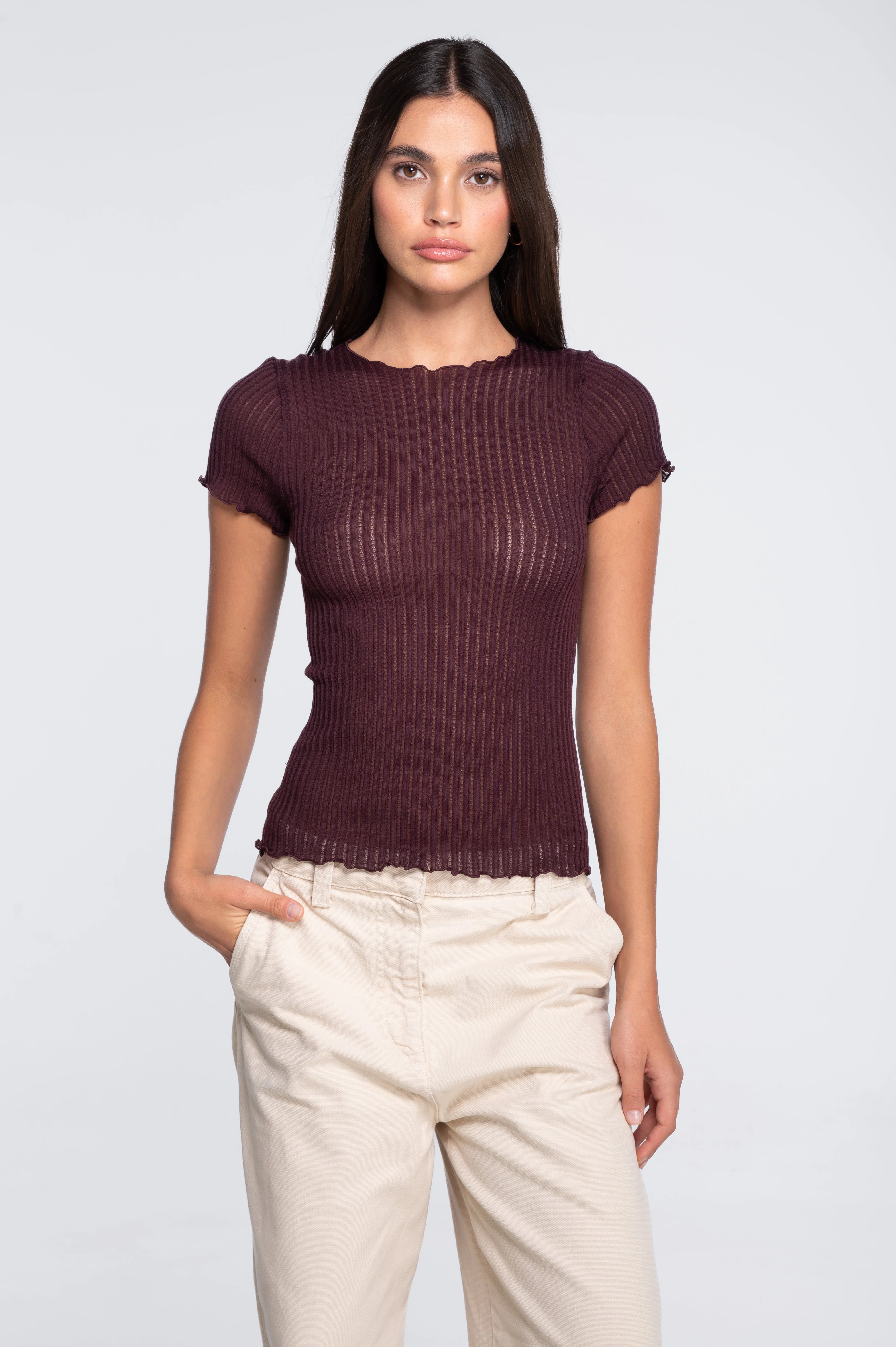Short sleeves roundneck top in ajouré wool and silk 7493 - Image 19