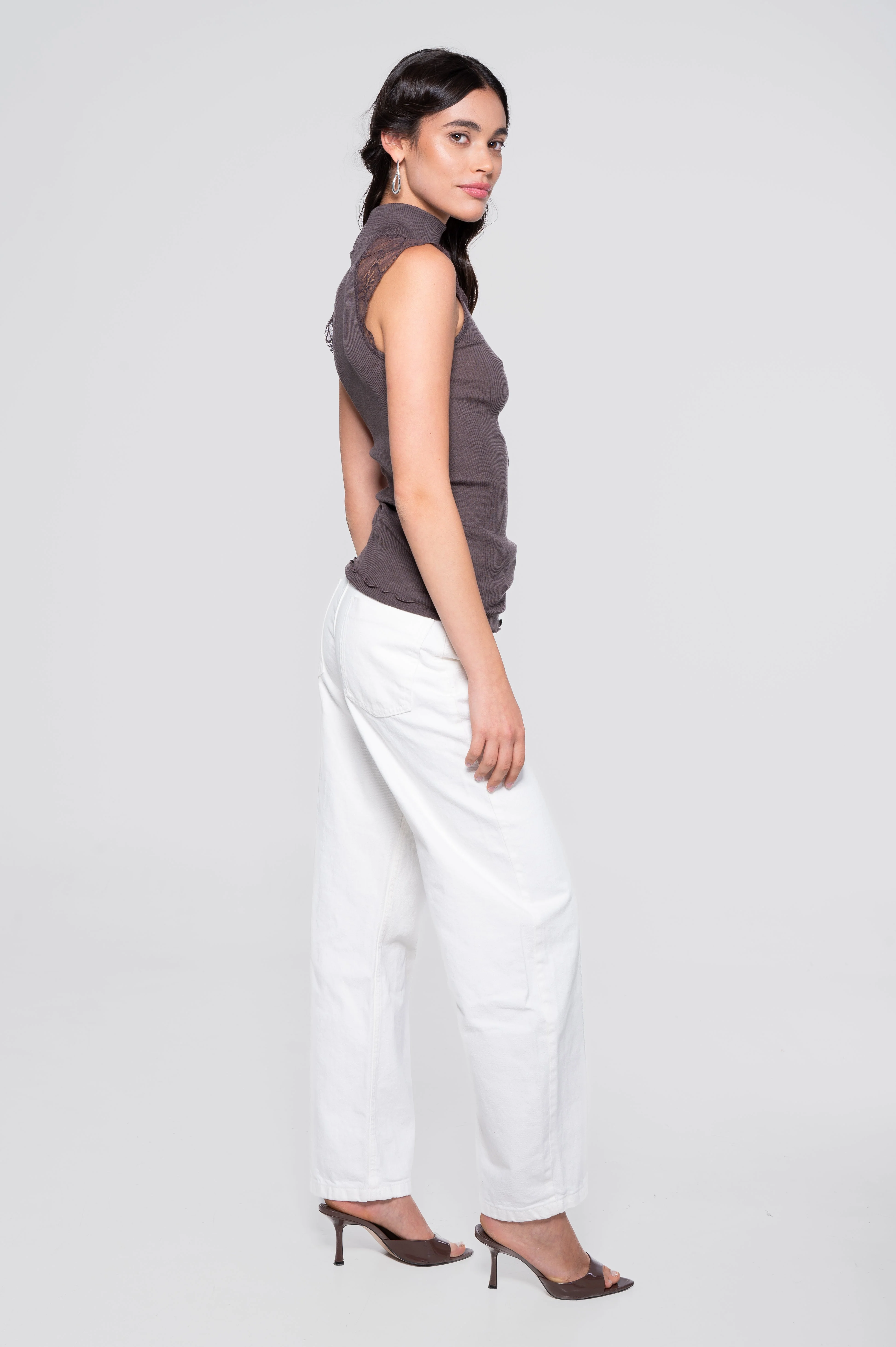 Wool and silk sleeveless mock neck top with Leavers lace 7611 - Image 13