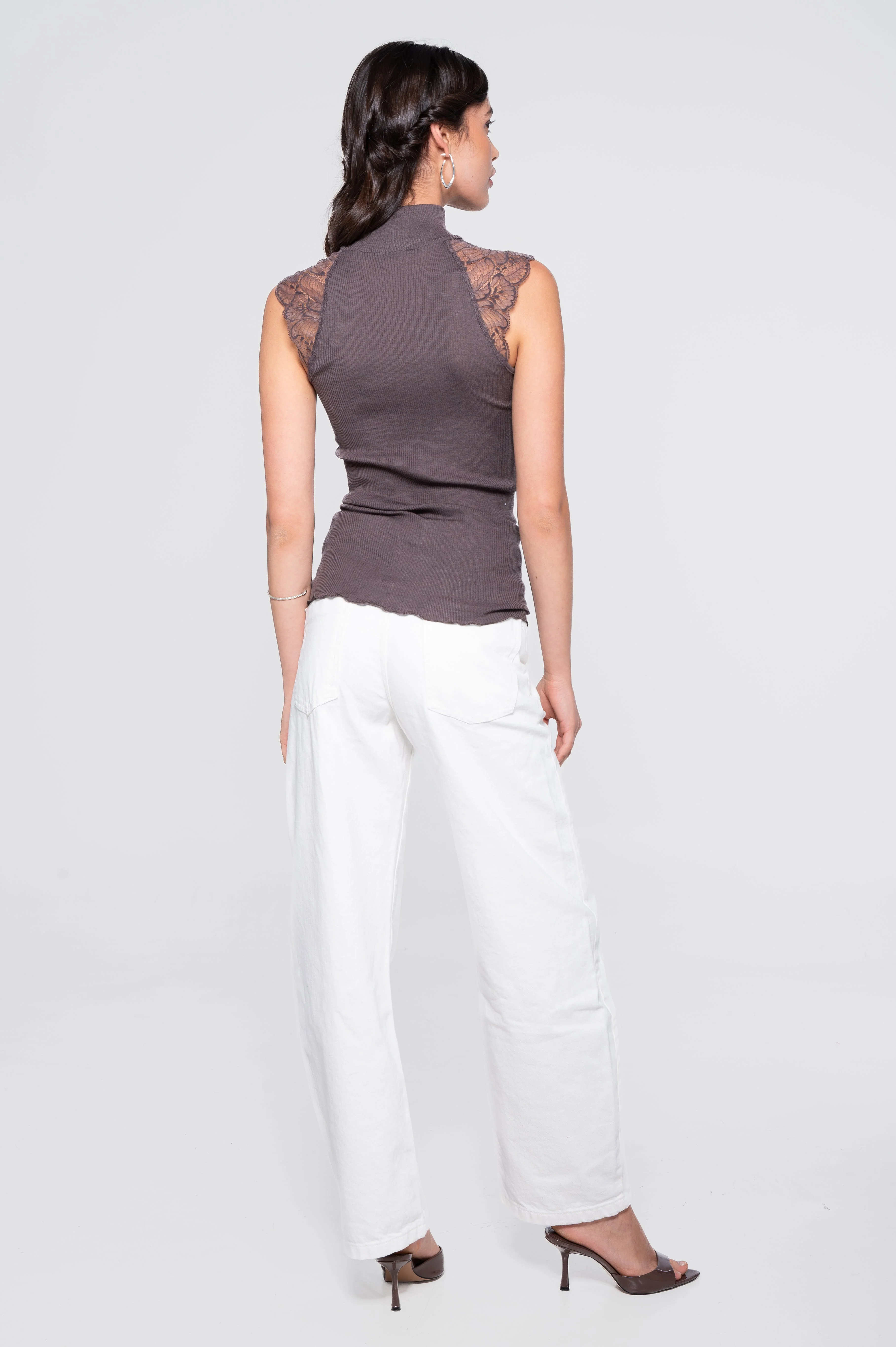 Wool and silk sleeveless mock neck top with Leavers lace 7611 - Image 14