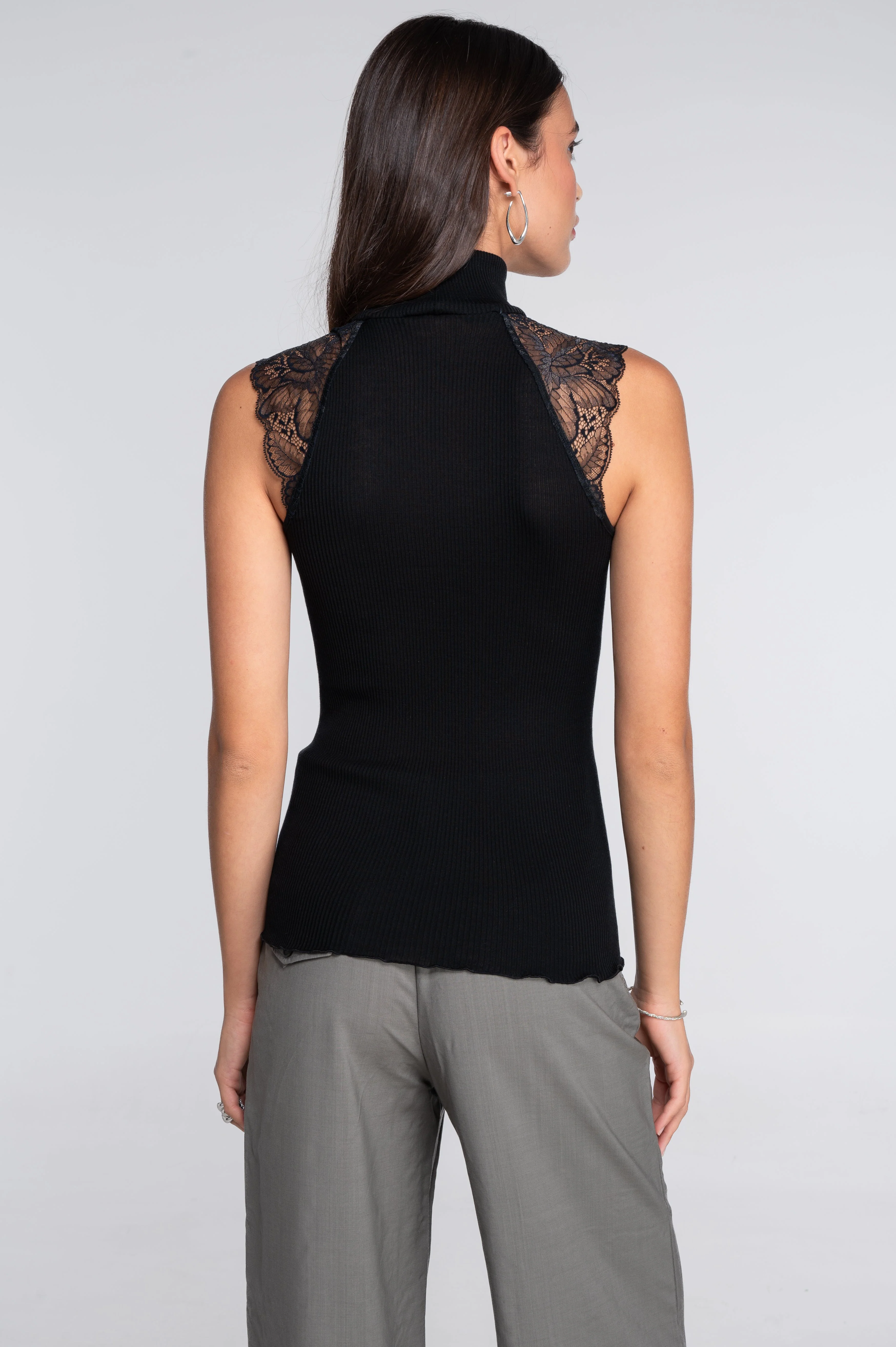 Wool and silk sleeveless mock neck top with Leavers lace 7611 - Image 4