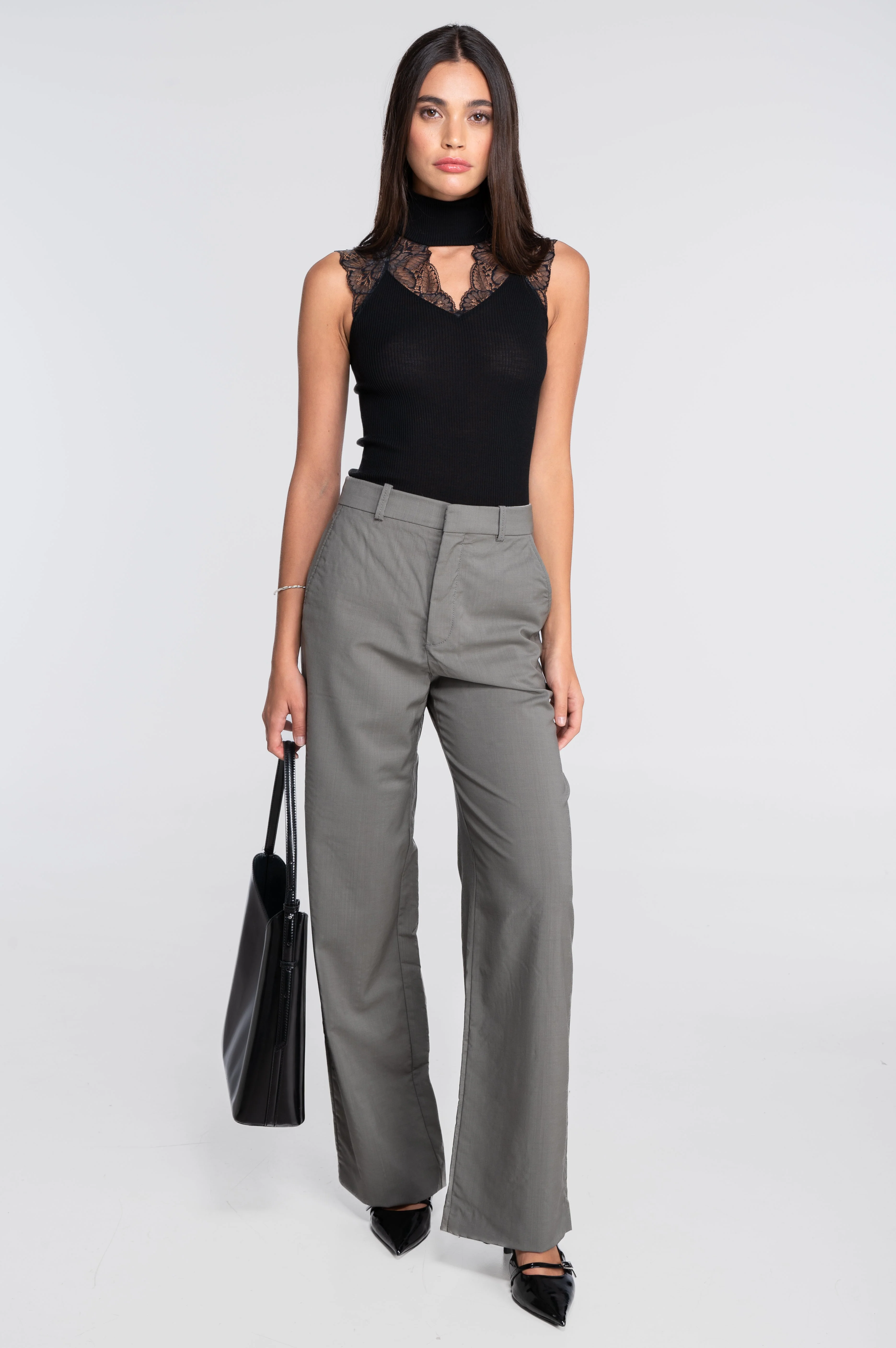 Wool and silk sleeveless mock neck top with Leavers lace 7611 - Image 7