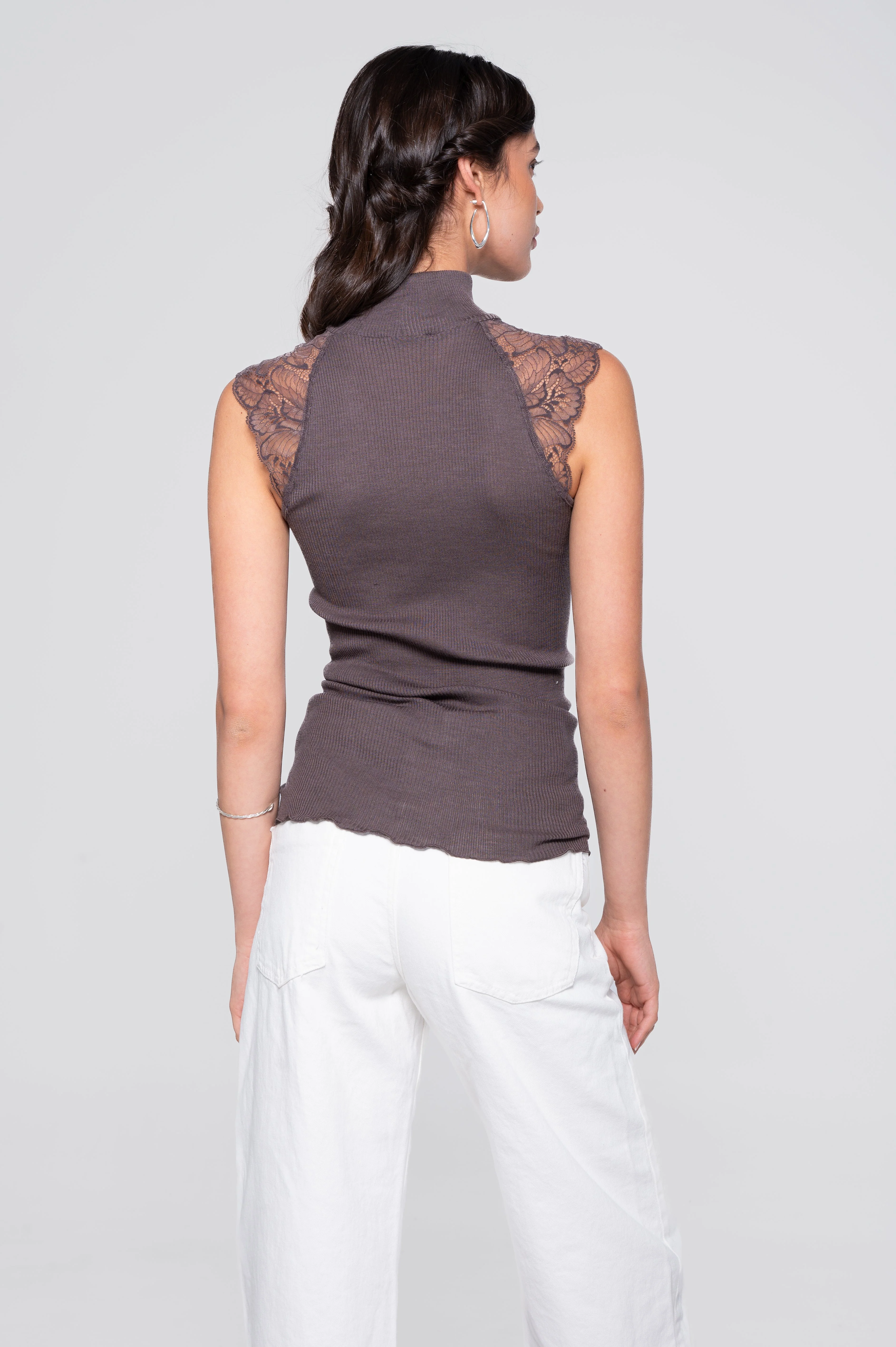 Wool and silk sleeveless mock neck top with Leavers lace 7611 - Image 8
