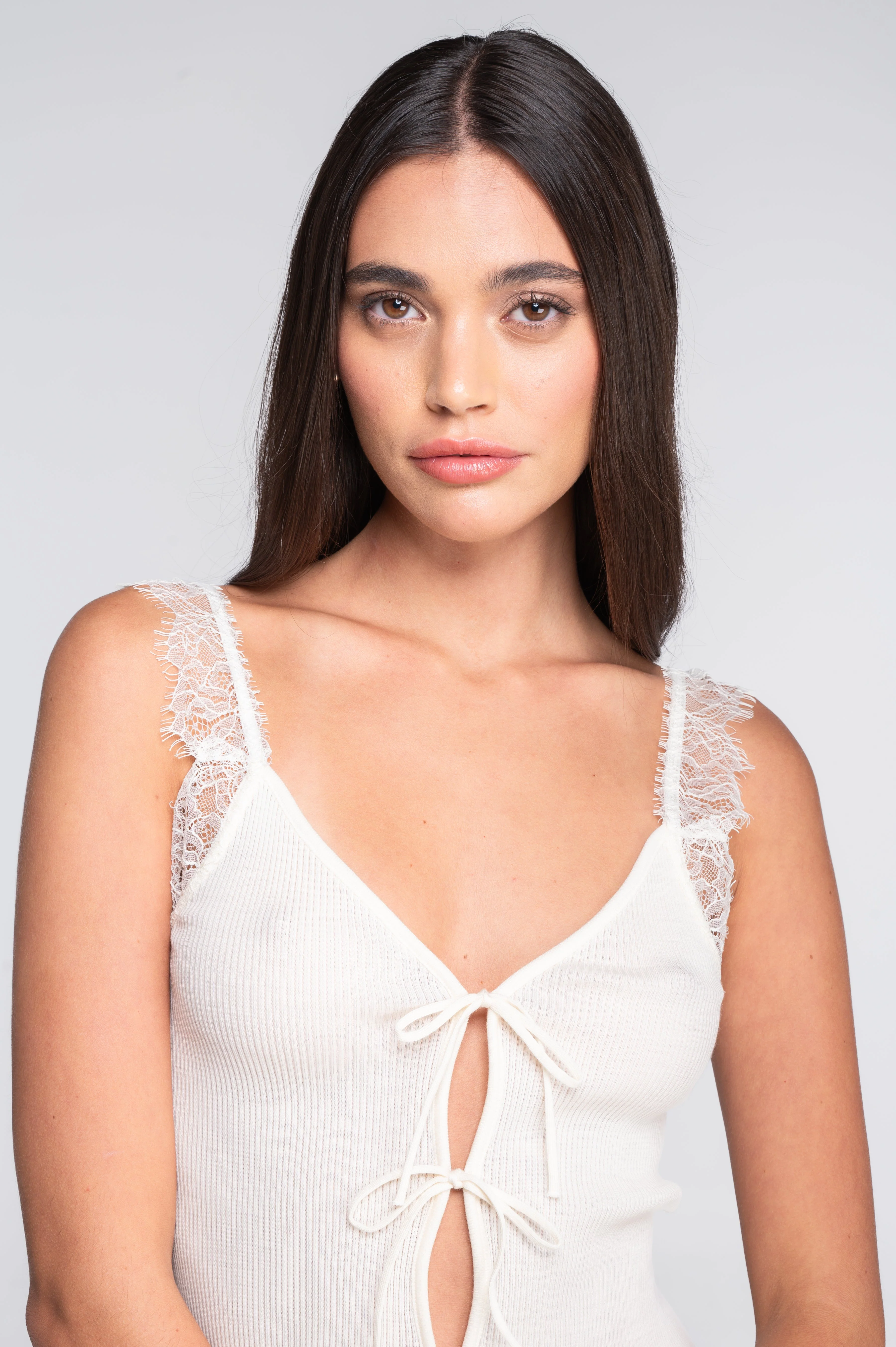 Wool and silk top with Chantilly lace and front tie closure 7640 - Image 3